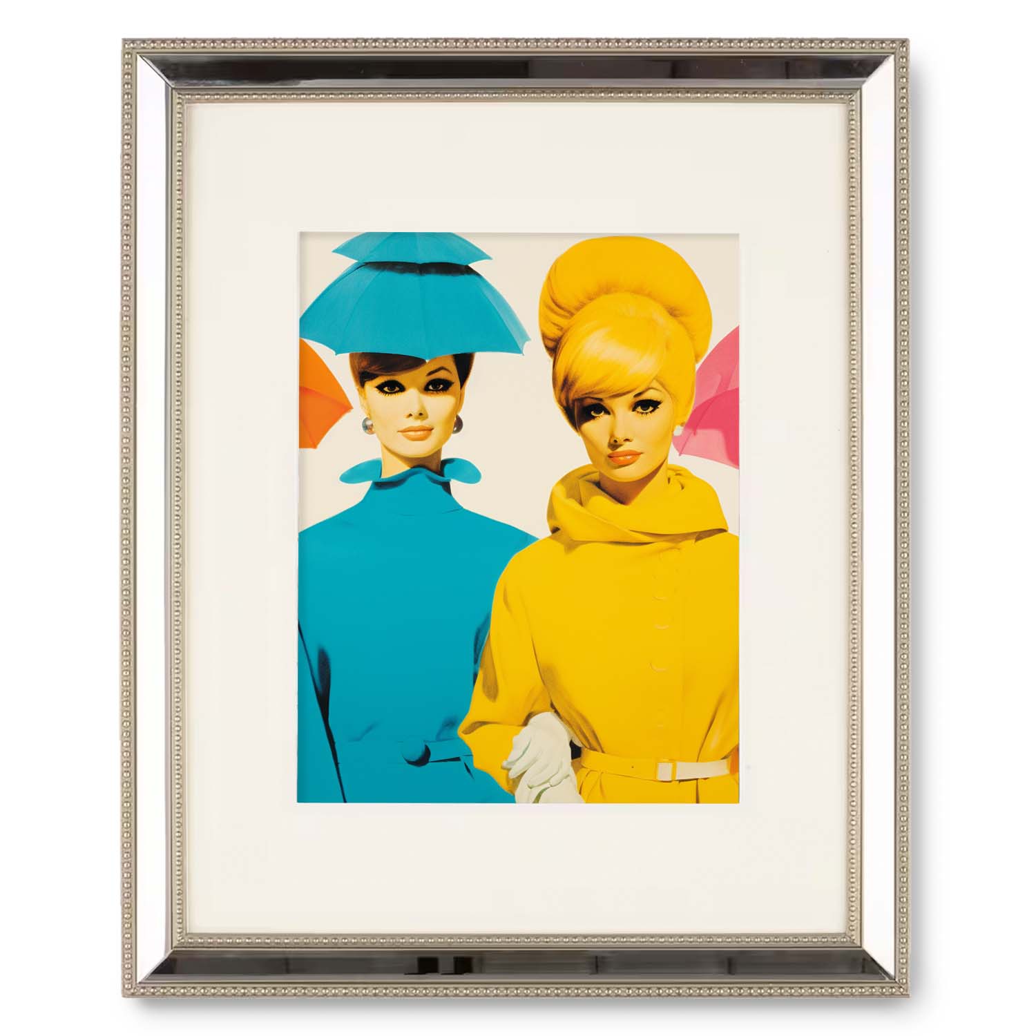 Vintage pop art illustration of two women with stylish 1960s hairdos and bright, colorful attire, serves as striking wall decor for the living room, beautifully framed and displayed. (Tea for Two by Stannie & Lloyd)