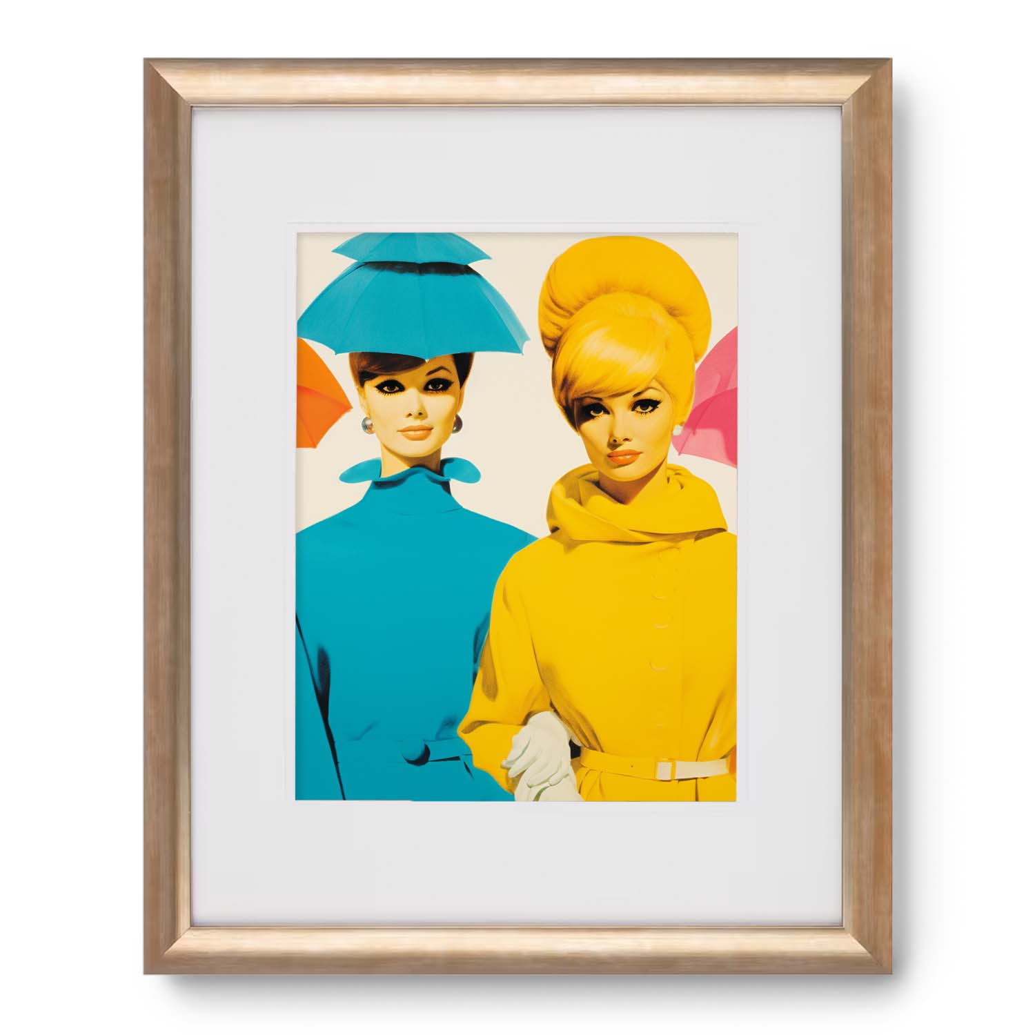 A framed pop art style illustration featuring two women with stylized hair and colorful outfits, perfect as art prints for decorating walls from Stannie & Lloyd's Tea for Two collection.