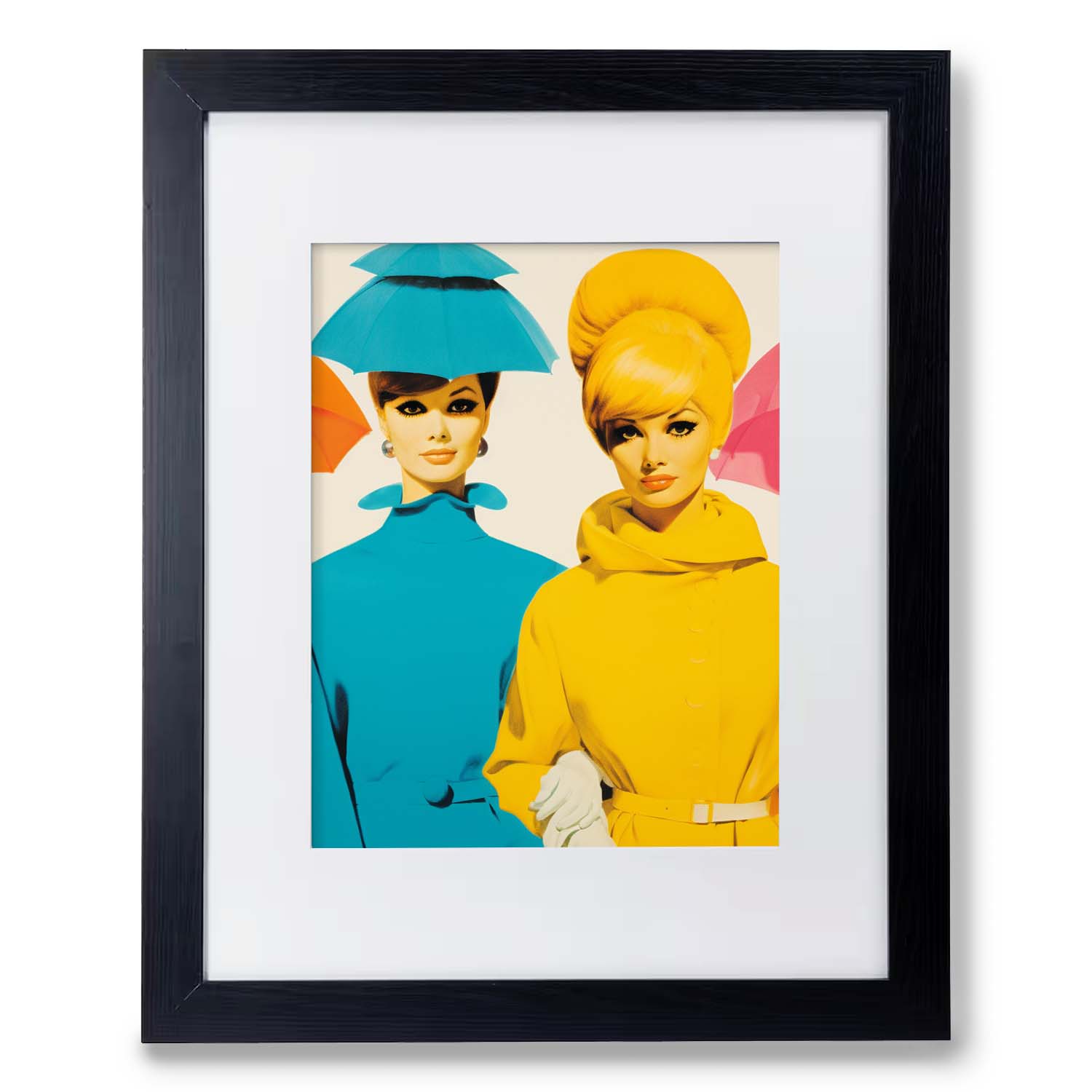 Framed Tea for Two wall art for living room featuring two stylized women with colorful attire and bold makeup by Stannie & Lloyd.