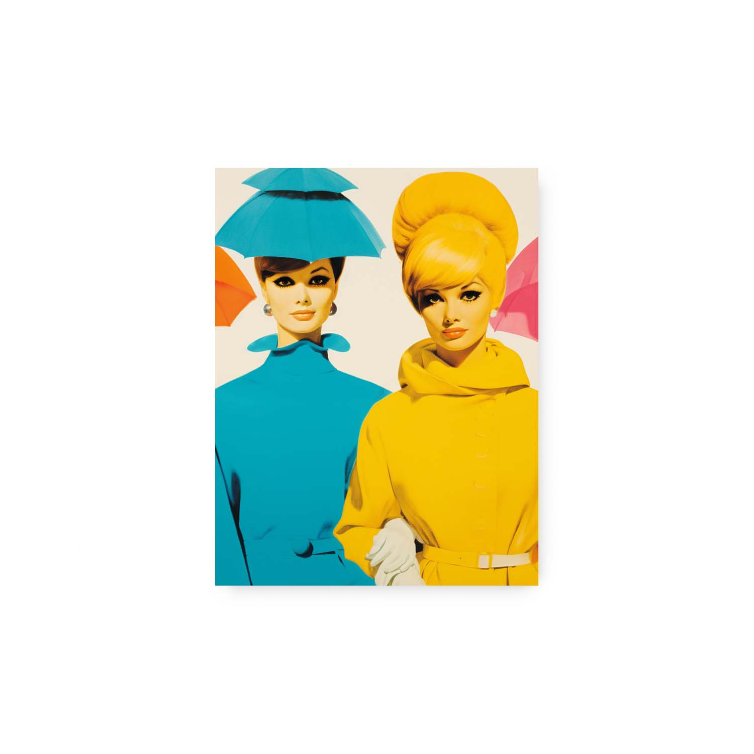 Two illustrated women in vibrant 1960s style fashion with colorful outfits, stylish hats, and vintage art on walls by Stannie & Lloyd's Tea for Two.