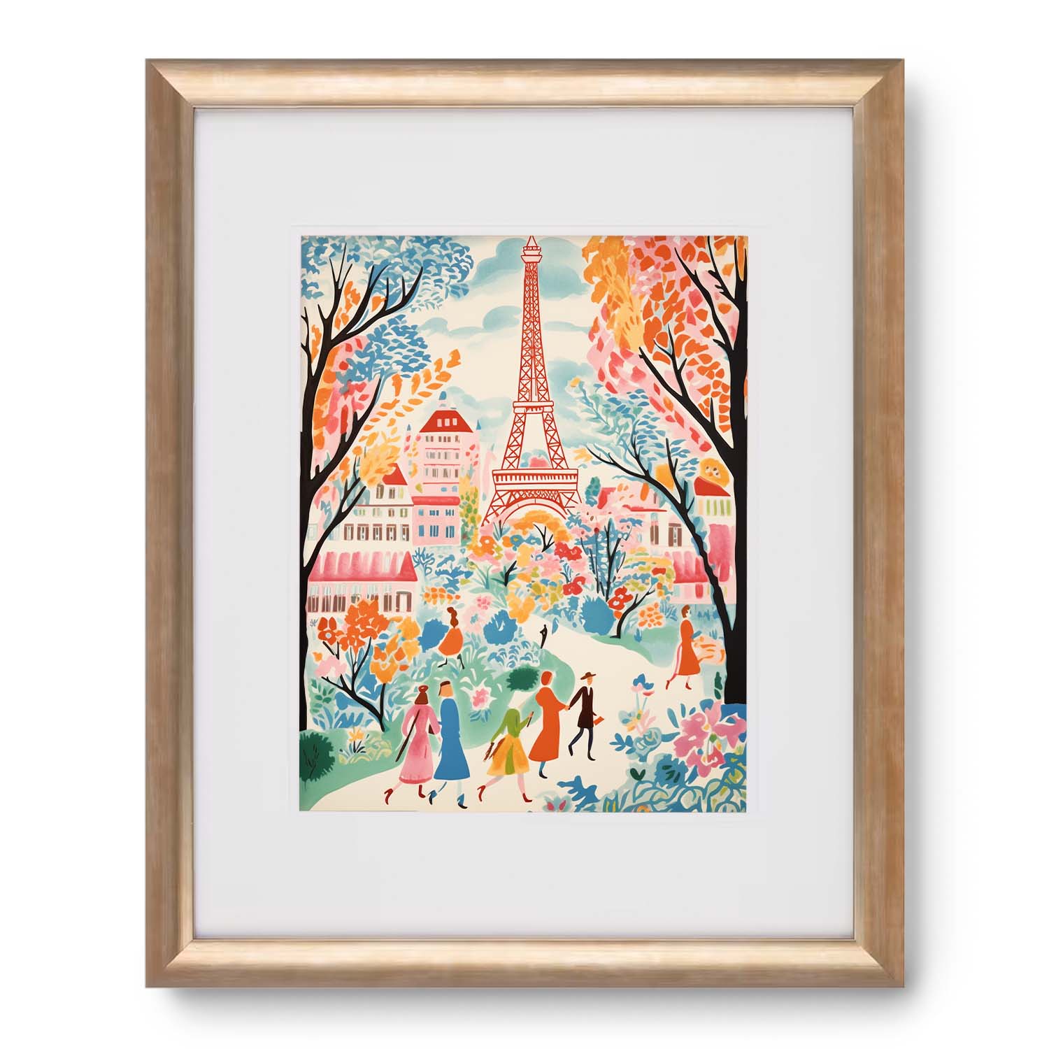 Vintage art of people walking near the eiffel tower surrounded by autumn foliage, framed as April in Paris wall art for living room by Stannie & Lloyd.