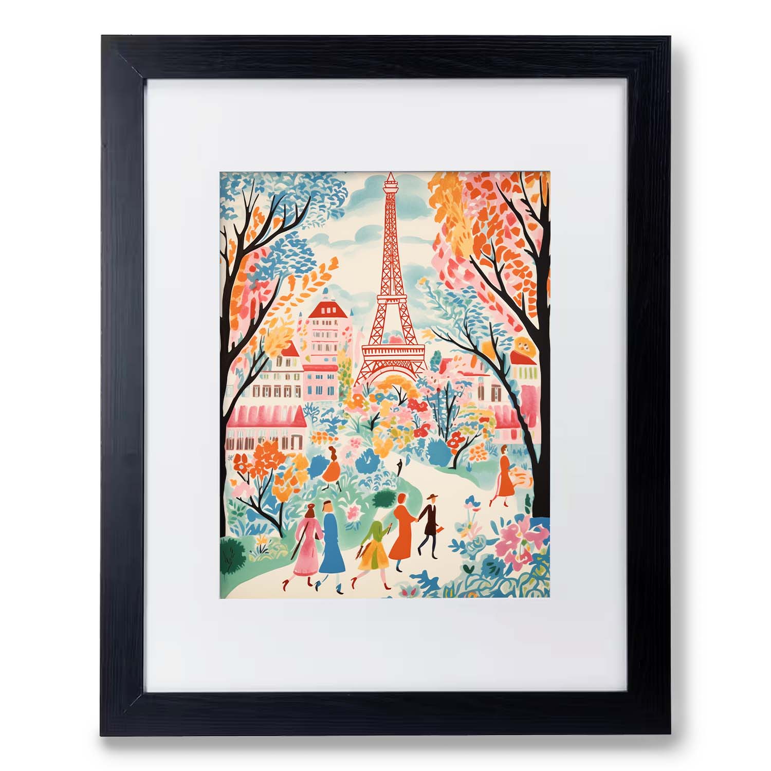 Framed April in Paris vintage art depicting a stylized scene of the Eiffel Tower with people and trees in vibrant colors, perfect as wall art for the living room by Stannie & Lloyd.