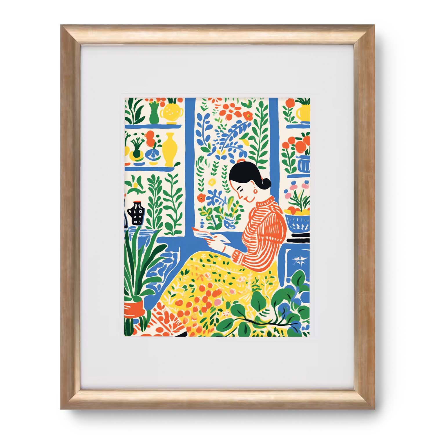 Colorful illustration of a person sitting among Plants & Books are Forever Friends, displayed in a wooden frame as one of the art prints on walls by Stannie & Lloyd.