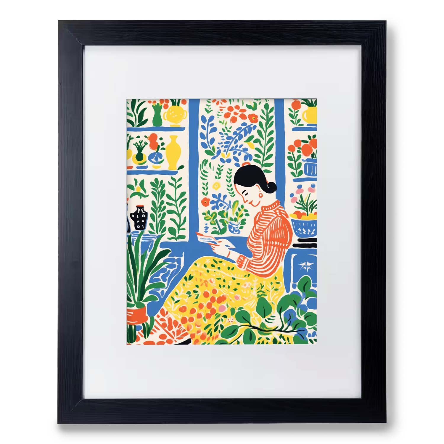 A framed illustration of a person sitting in a garden-like setting surrounded by "Plants & Books are Forever Friends" and decorative elements, perfect as vintage art, wall art for living room from Stannie & Lloyd.