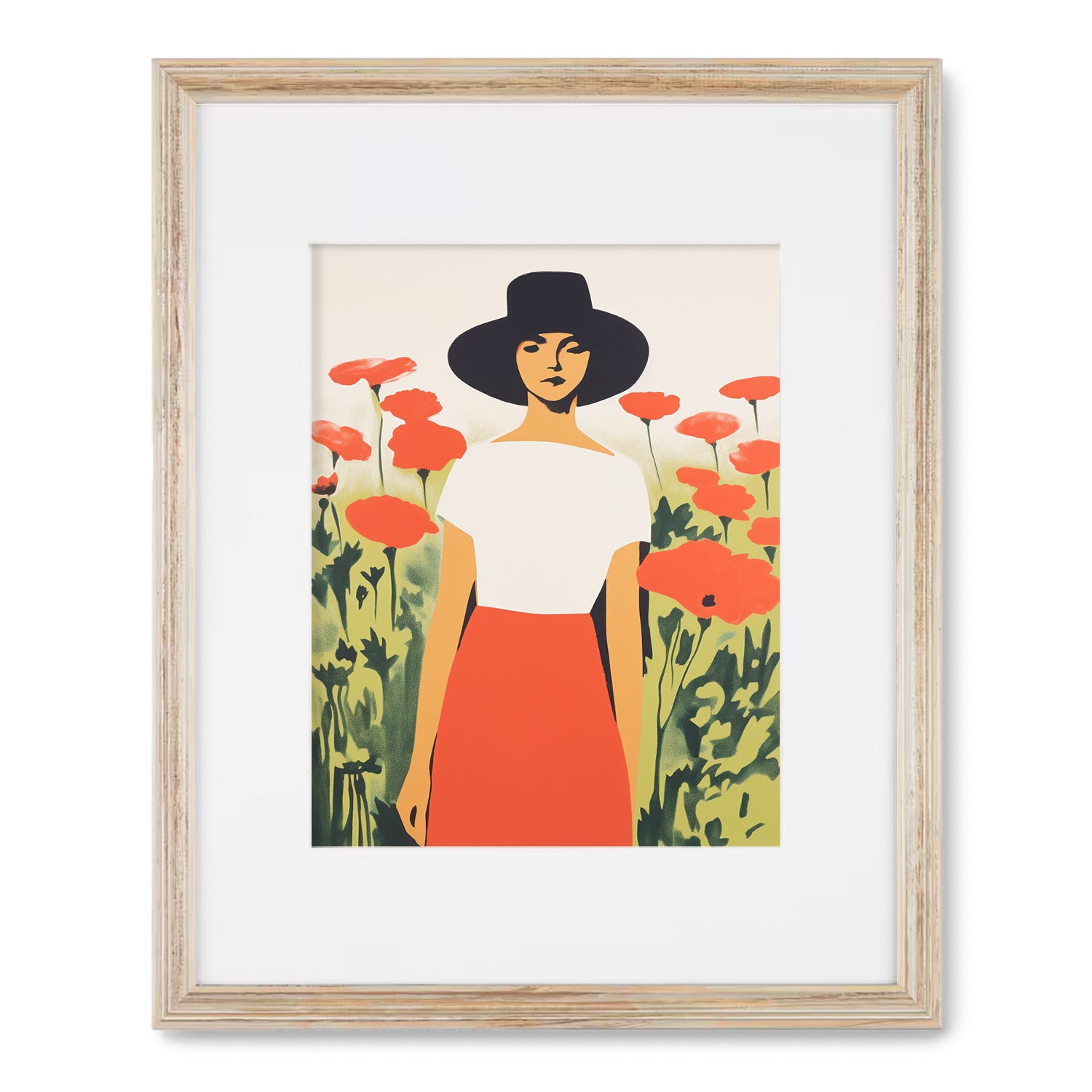 A Stannie & Lloyd framed art print of "The Long Gaze," featuring a woman in a hat in a field of poppies.