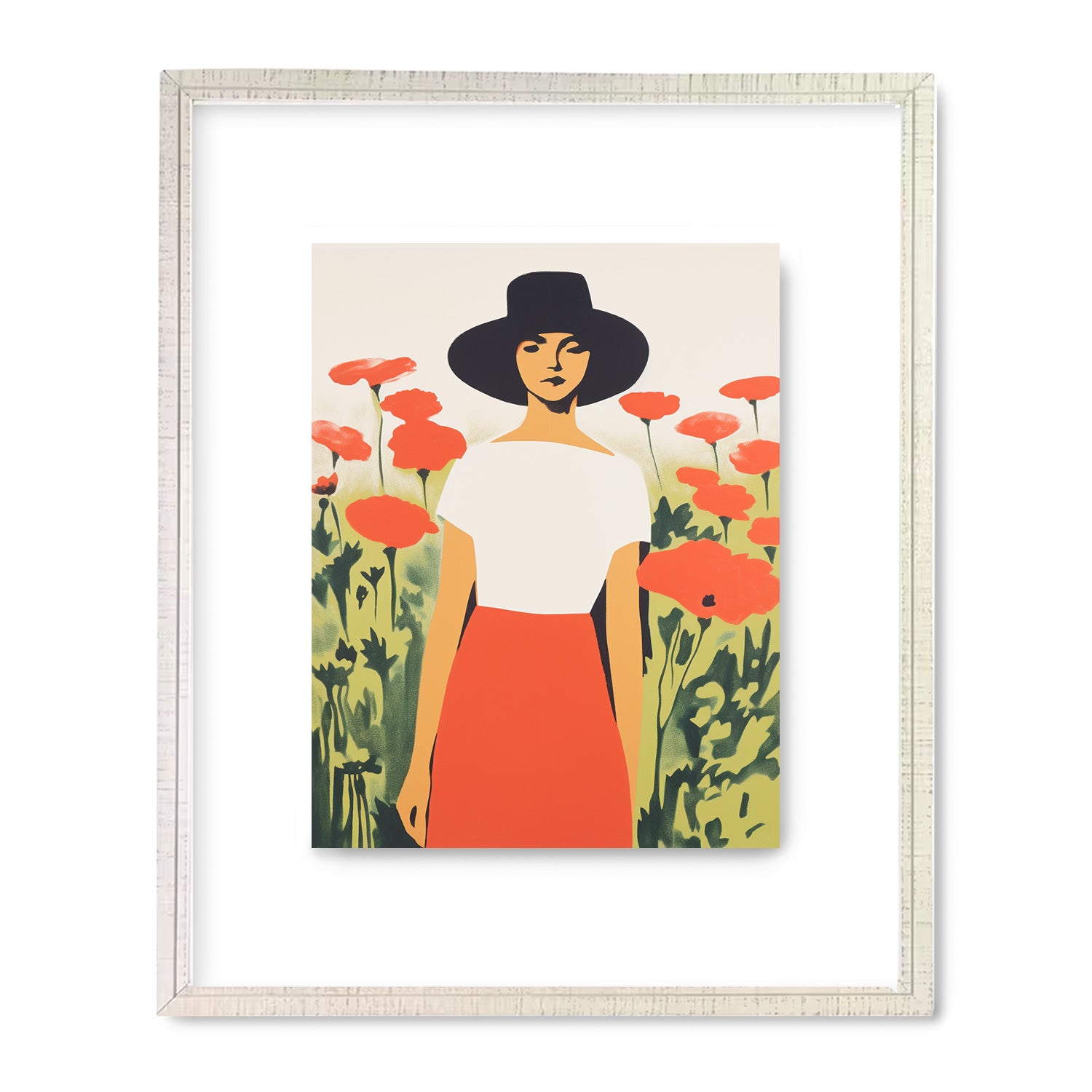 A framed print of "The Long Gaze" by Stannie & Lloyd, a woman in a hat in a field of poppies, perfect for art enthusiasts looking for high-quality artwork prints.