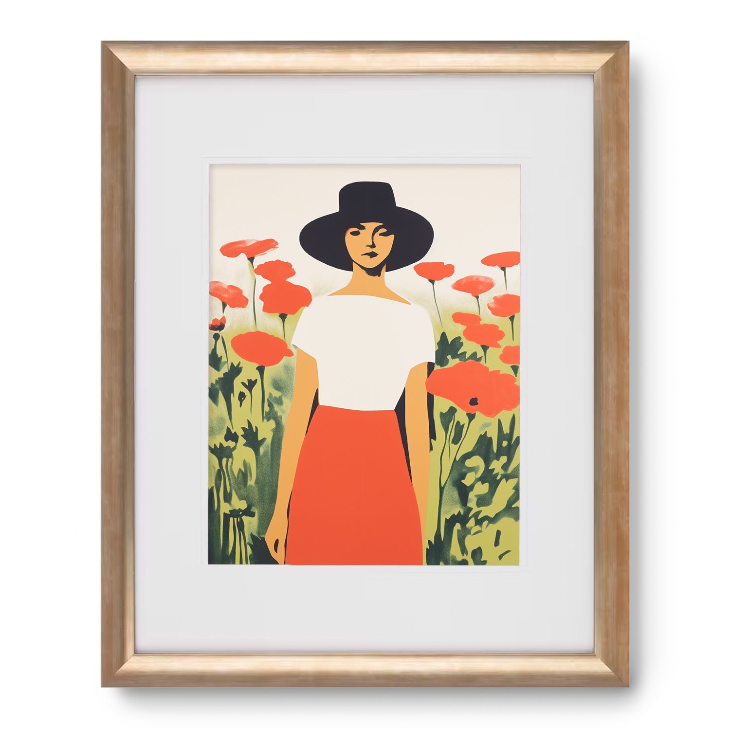 A framed The Long Gaze ART PRINT of a woman in a hat in a field of poppies by Stannie & Lloyd.