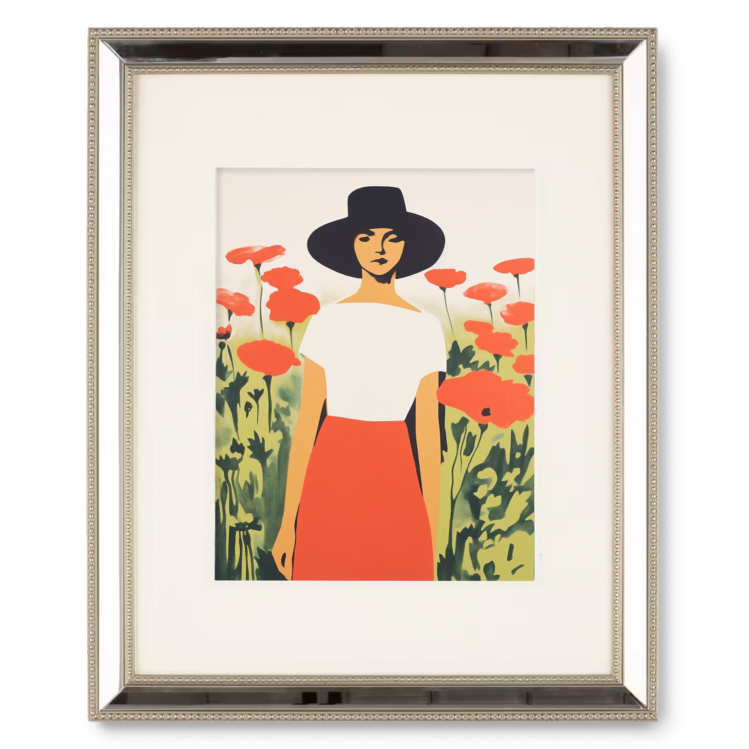 A framed print of "The Long Gaze" by Stannie & Lloyd, featuring a woman in a hat in a field of poppies.