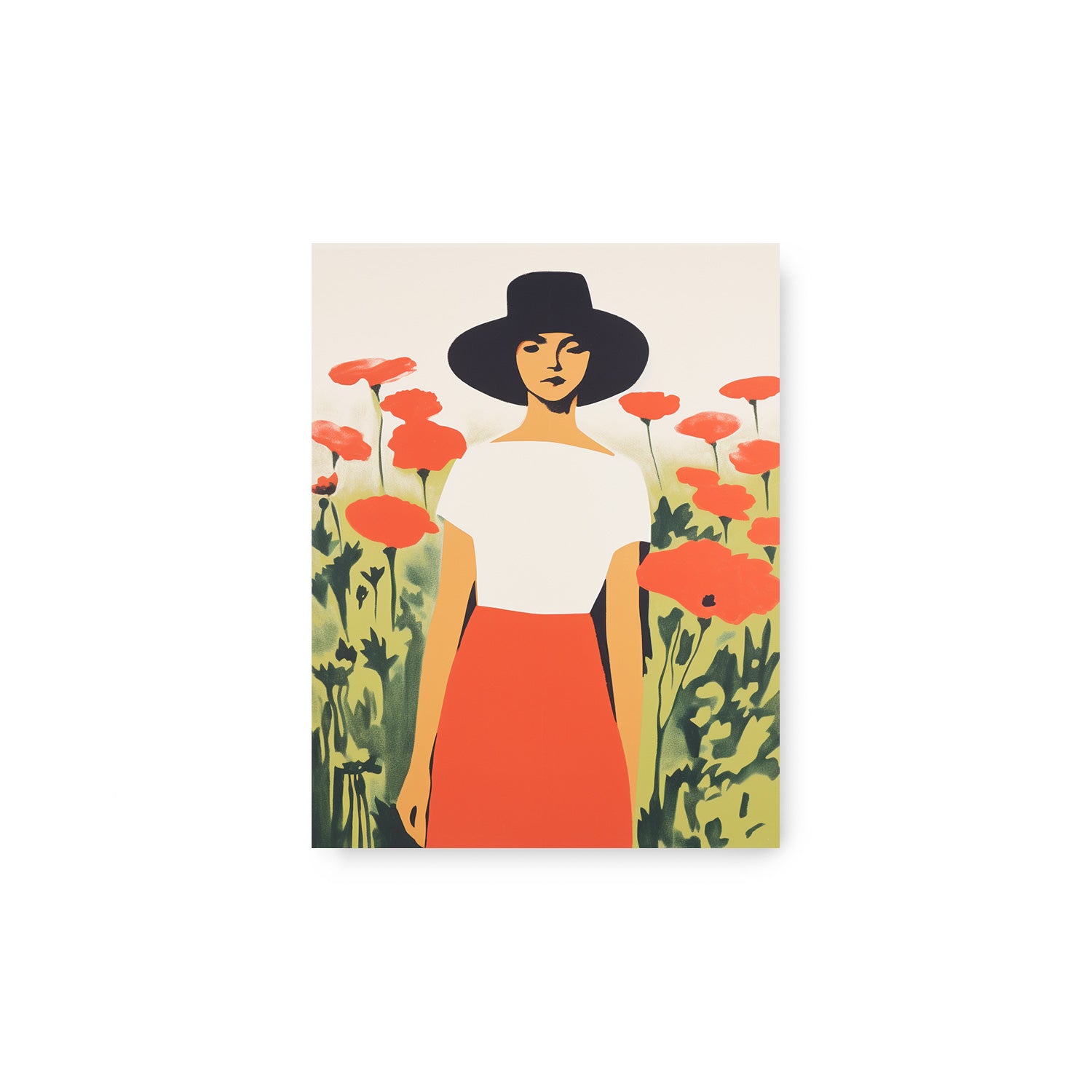 An illustration of a woman in a hat in a field of poppies, suitable for prints and posters, featuring The Long Gaze by Stannie & Lloyd.