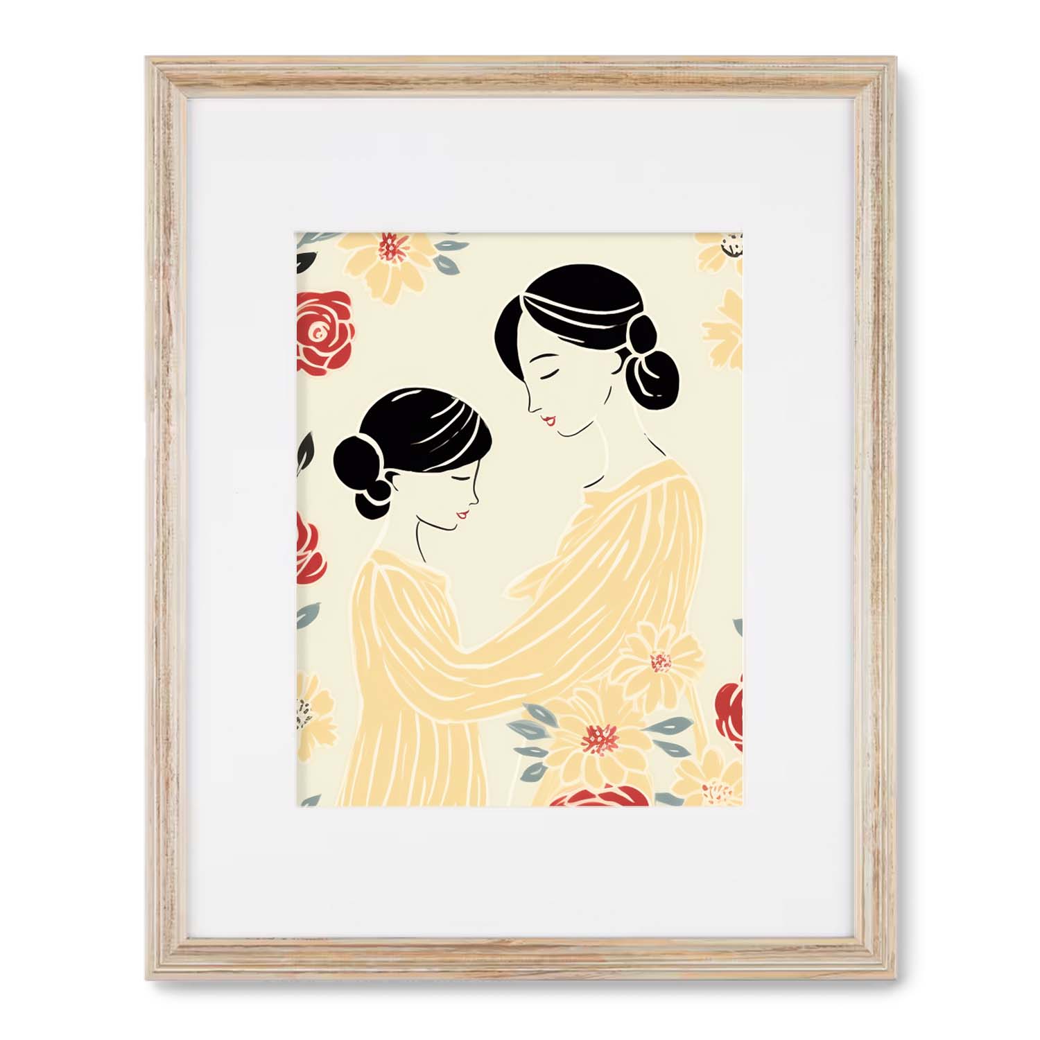 An 11" x 14" framed print of a mother and daughter holding hands in a Stannie & Lloyd wood frame called "Beautiful Sun Rising".