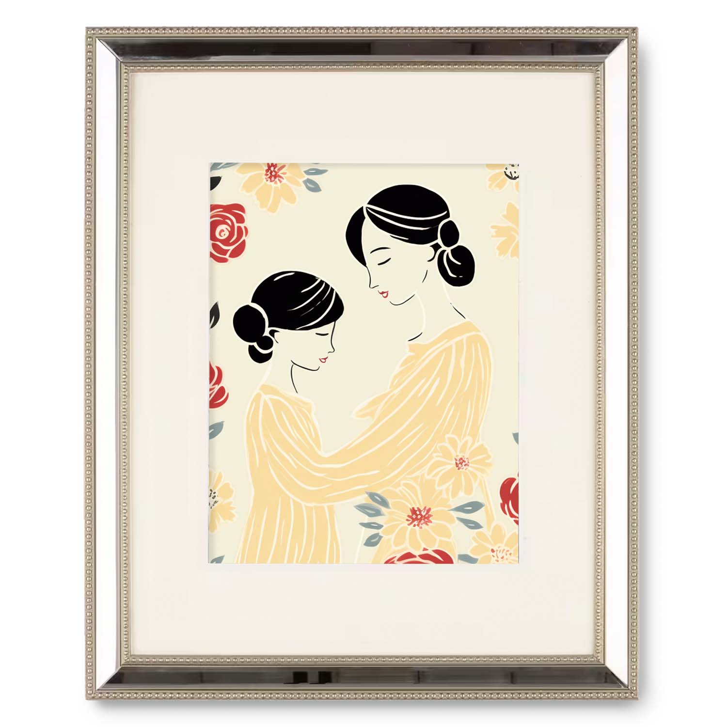 A beautiful framed art print featuring a touching moment between a mother and daughter, captured in an 11" x 14" Stannie & Lloyd wood frame, showcasing the Beautiful Sun Rising.