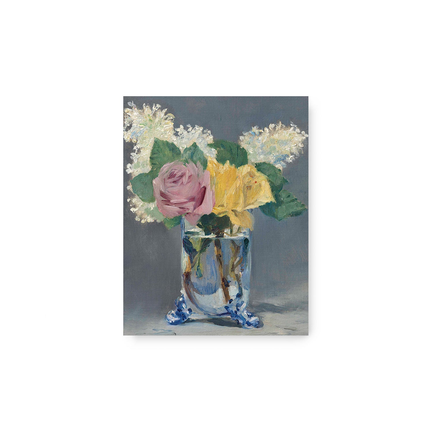 A vintage print of yellow and pink roses in a Stannie & Lloyd Vase Symphonie.