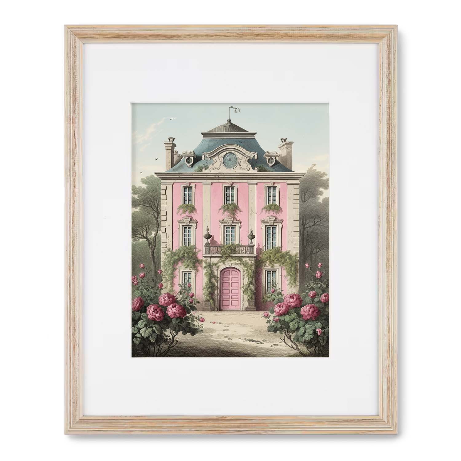 Framed vintage art illustration of a Mini Manor House by Stannie & Lloyd with blooming flowers.