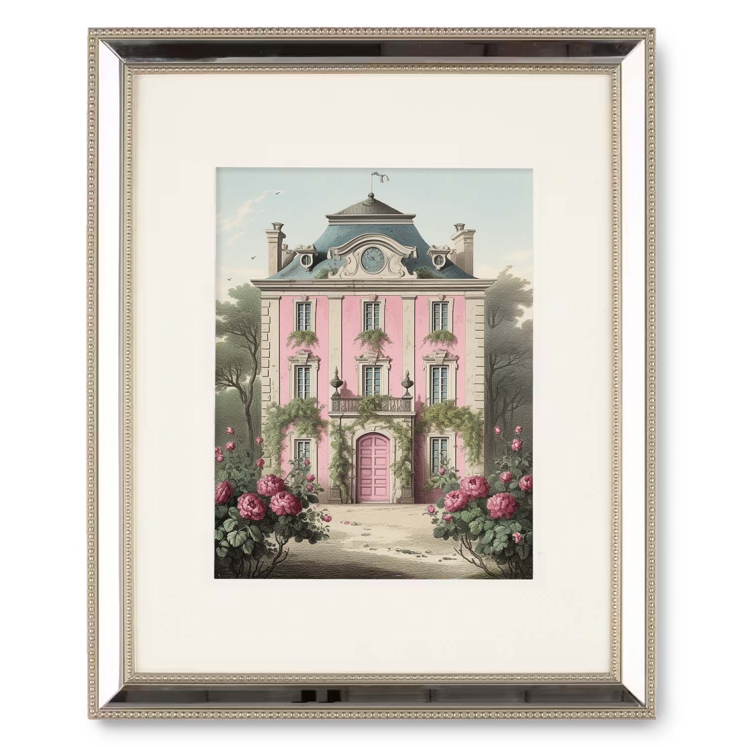 Elegant framed vintage art illustration of a Mini Manor House by Stannie & Lloyd, perfect as wall art for the living room.