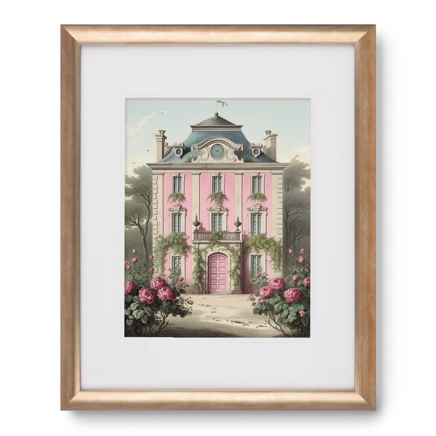 Framed Mini Manor House wall art for living room featuring a classic european-style pink house surrounded by lush greenery and flowers by Stannie & Lloyd.