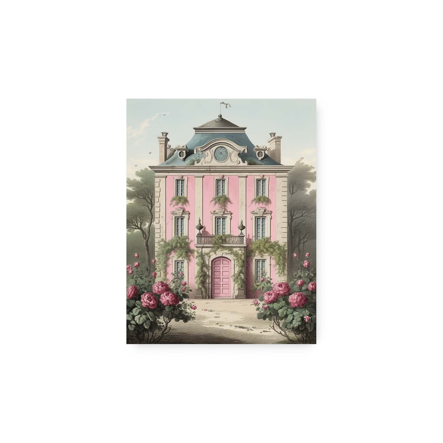 Illustration of a charming Mini Manor House adorned with lush greenery, blooming flowers, and vintage art prints by Stannie & Lloyd.