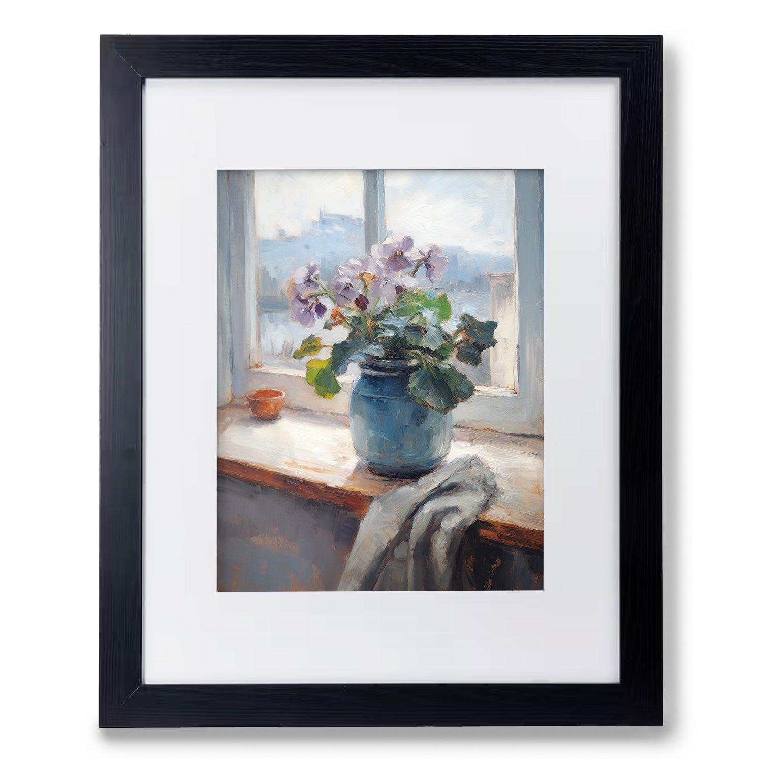 A painting of flowers in a blue vase on a window sill, adding artistic flair to the walls, the Stannie & Lloyd's "Beyond the Window no. 4" adds beauty to any space.