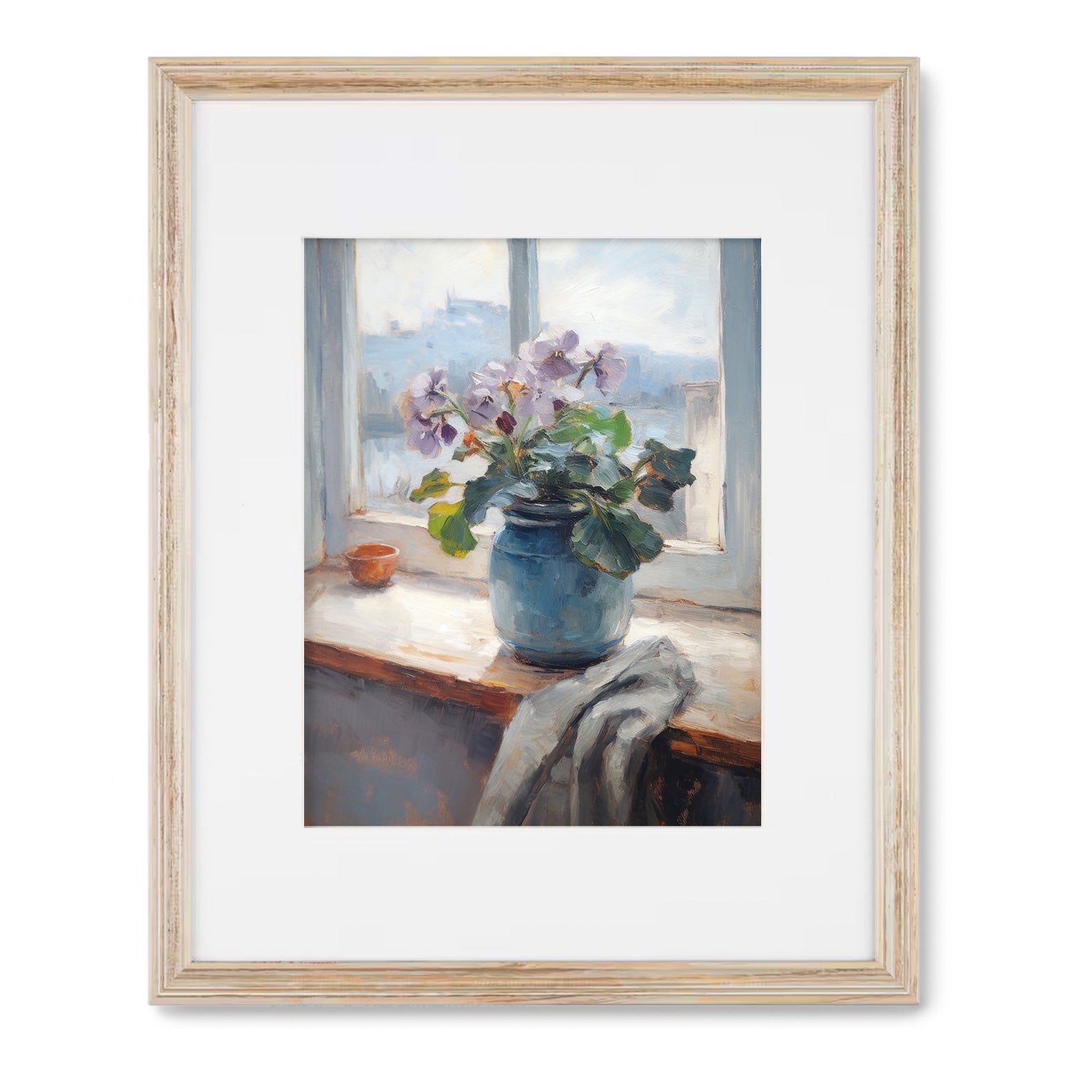 Add a touch of maximalist decor to your space with this stunning Stannie & Lloyd art print, Beyond the Window no. 4, depicting flowers in a blue vase on a window sill. Perfect for wall decor, this piece will undoubtedly elevate the aesthetic of any space.