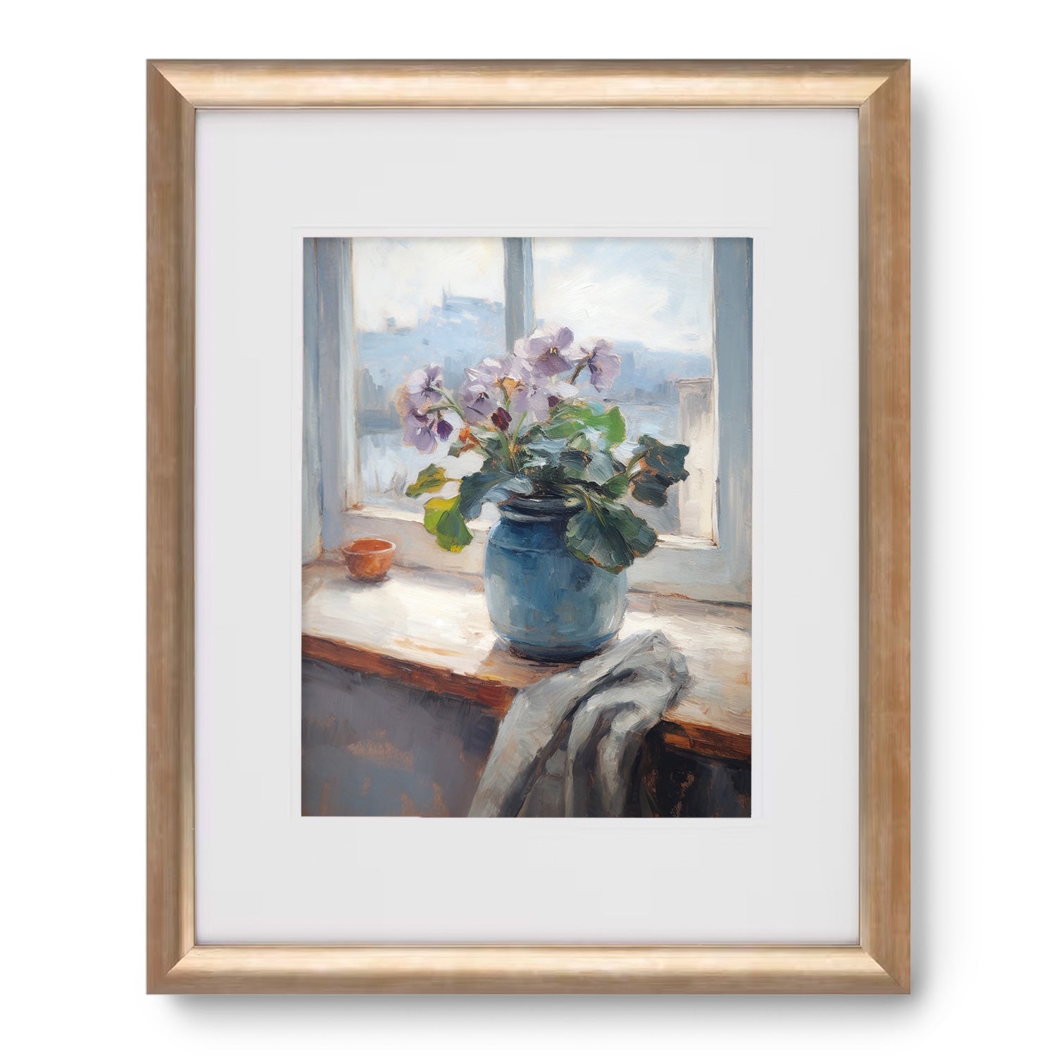 A beautiful art print of Beyond the Window no. 4 flowers in a blue vase on a window sill, perfect for adding wall decor to any space by Stannie & Lloyd.