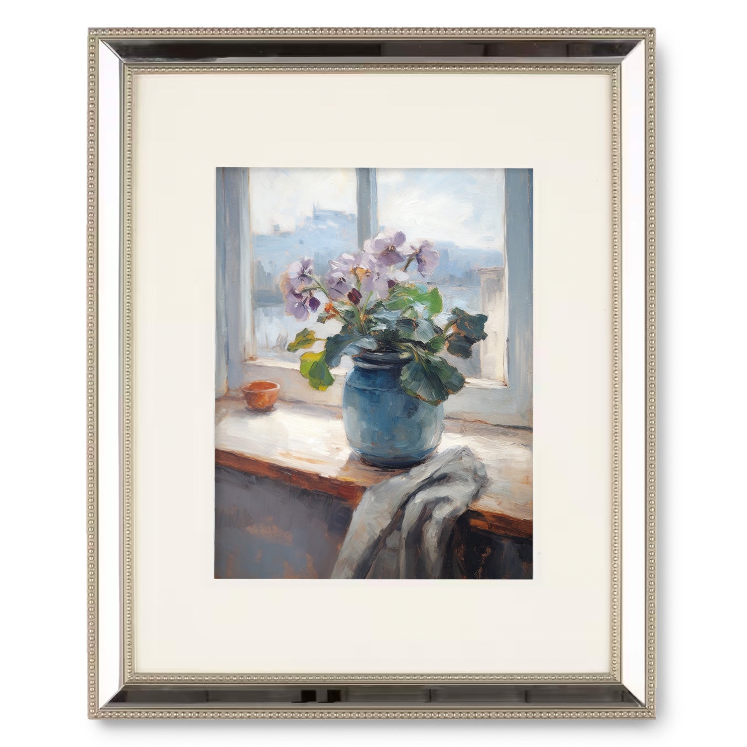 A painting of flowers in a blue vase on a window sill, perfect for wall art in a living room or as part of maximalist decor. Try "Beyond the Window no. 4" by Stannie & Lloyd.