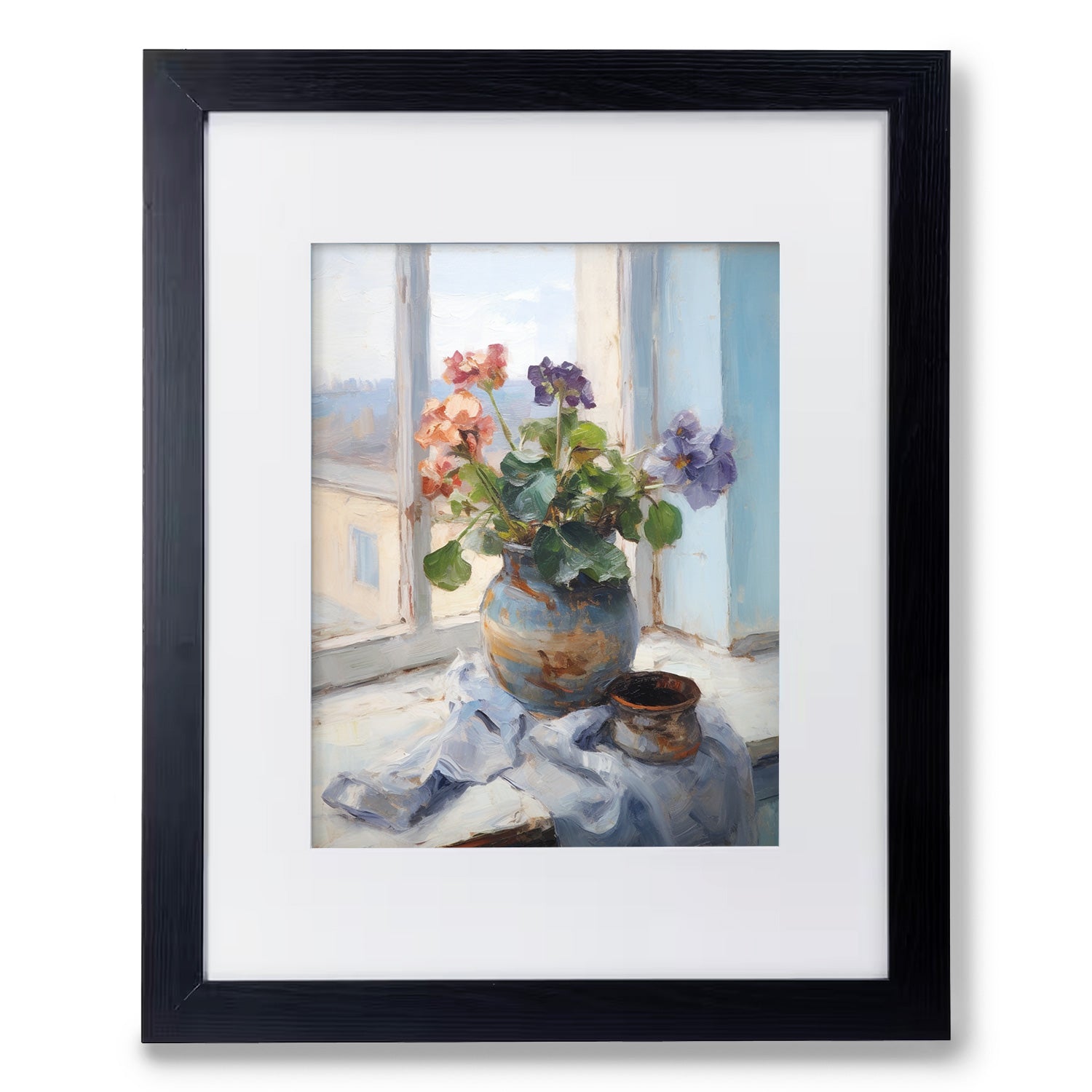 A painting of flowers in a vase on a window sill, perfect for art prints or adorning walls with the Stannie & Lloyd's "Beyond the Window no. 3" artwork.