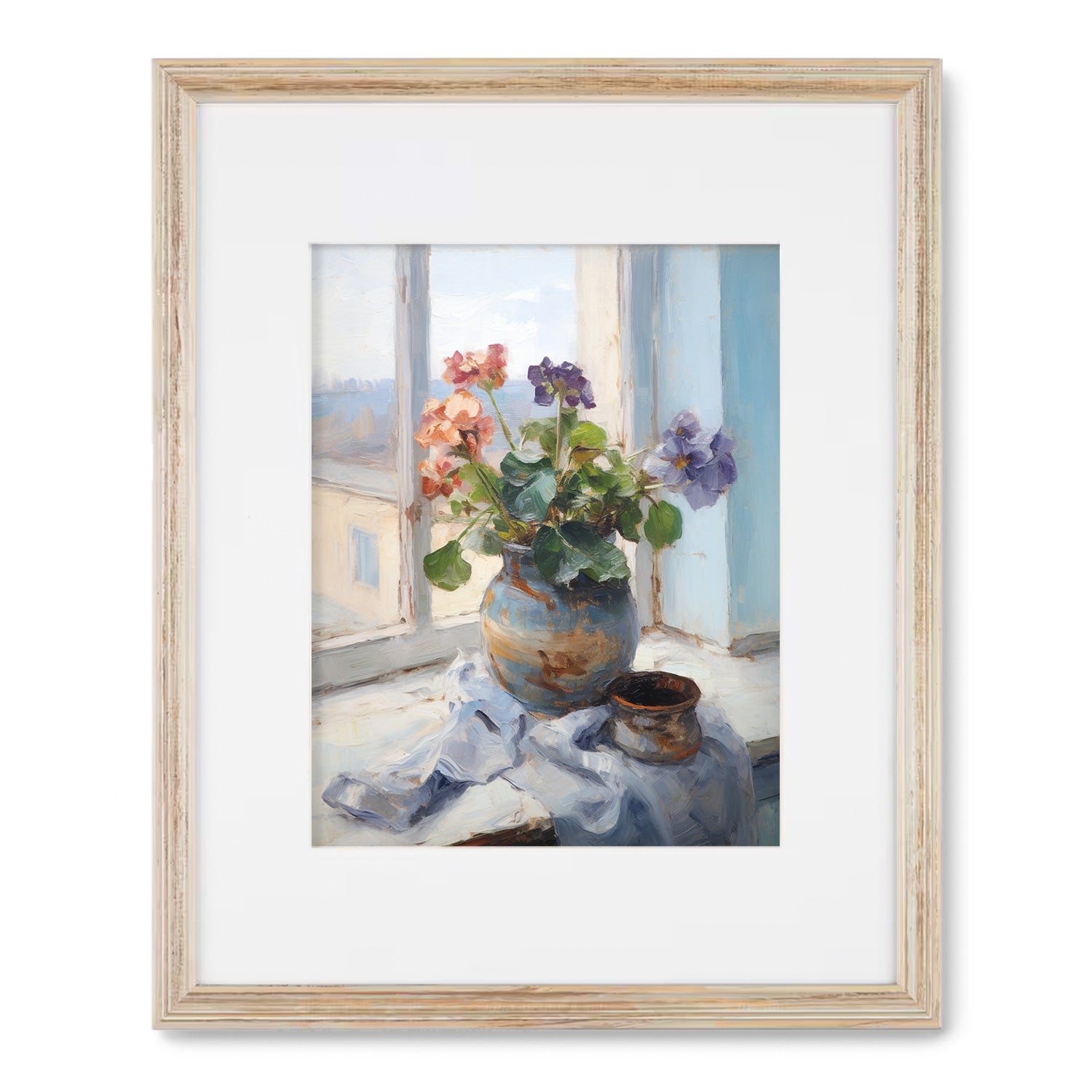 A vibrant painting of flowers in a vase, Beyond the Window no. 3 by Stannie & Lloyd, adorns a window sill.