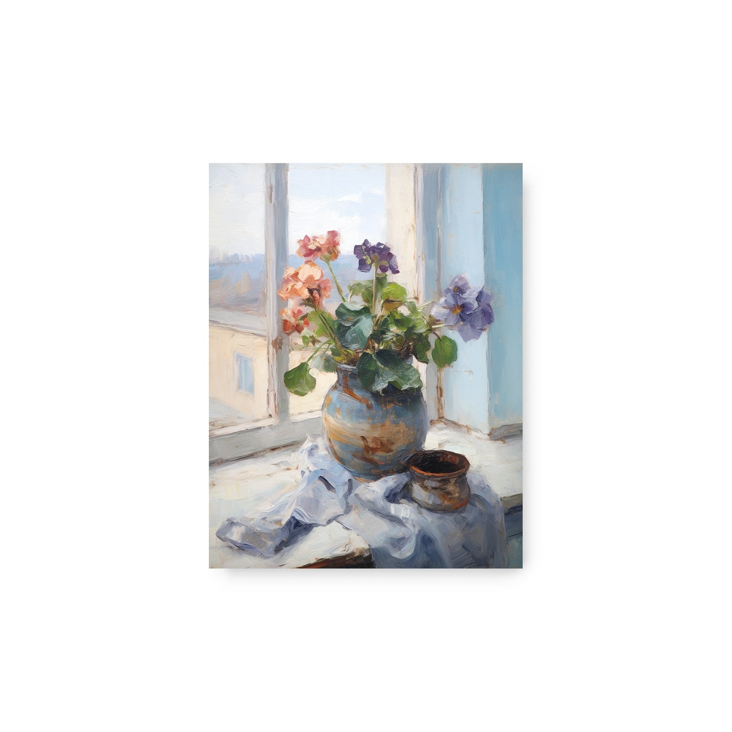 A mesmerizing Beyond the Window no. 3 wall art of flowers in a vase on a window sill, perfect for adding elegance and charm to your living room wall decor.