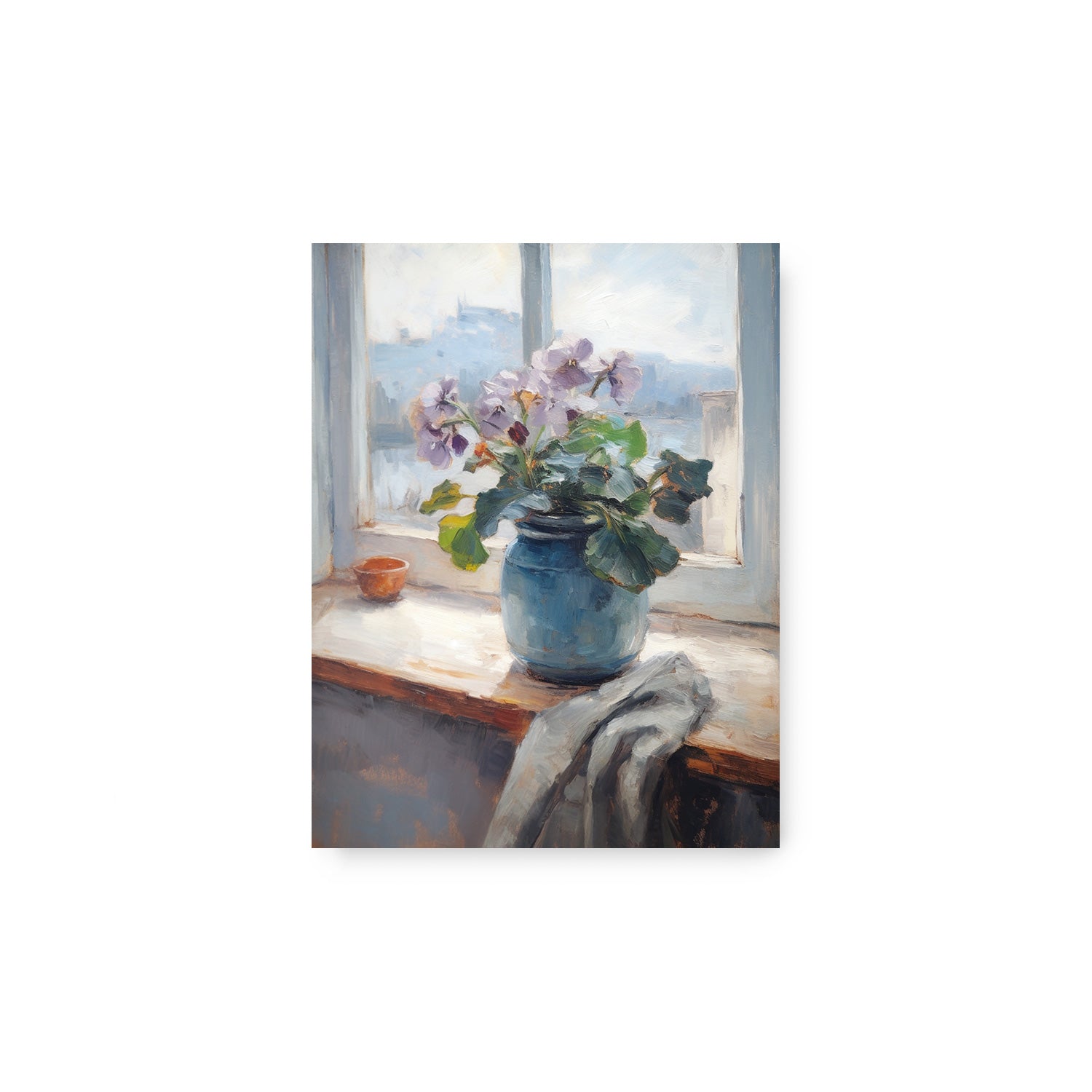 A vibrant painting of flowers in a blue vase, Beyond the Window no. 4 by Stannie & Lloyd, perfect for adding a pop of color to your walls.