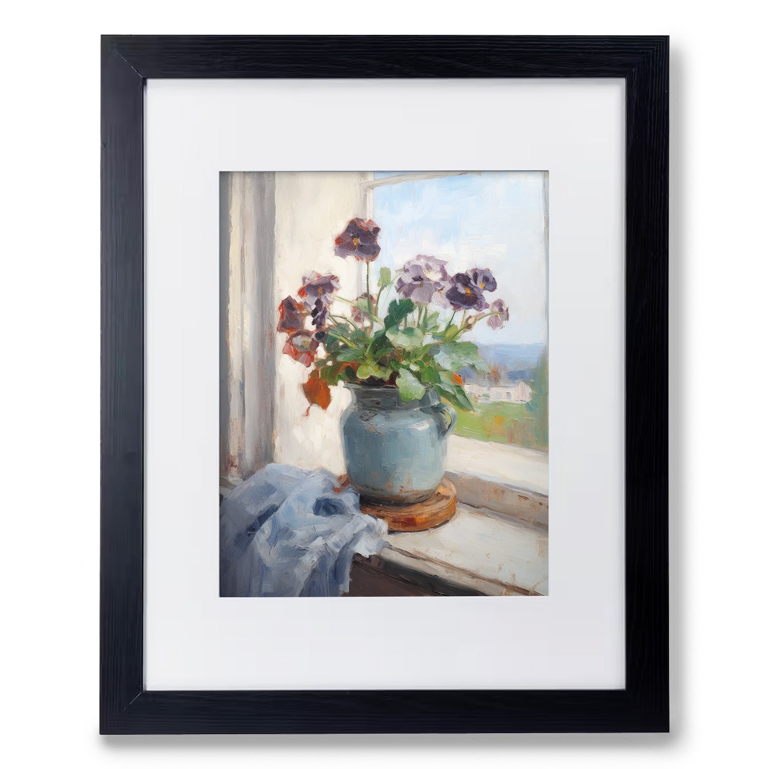 A beautiful painting of flowers in a blue vase adorning a window sill" becomes "A beautiful Beyond the Window no. 2 by Stannie & Lloyd adorning a window sill.