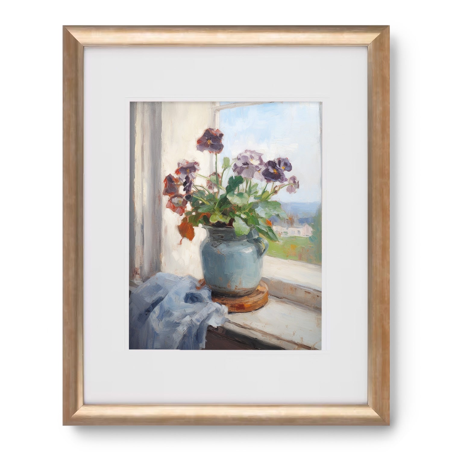 A painting of flowers beyond the window no. 2 in a blue vase on a window sill, perfect for wall decor or maximalist decor by Stannie & Lloyd.