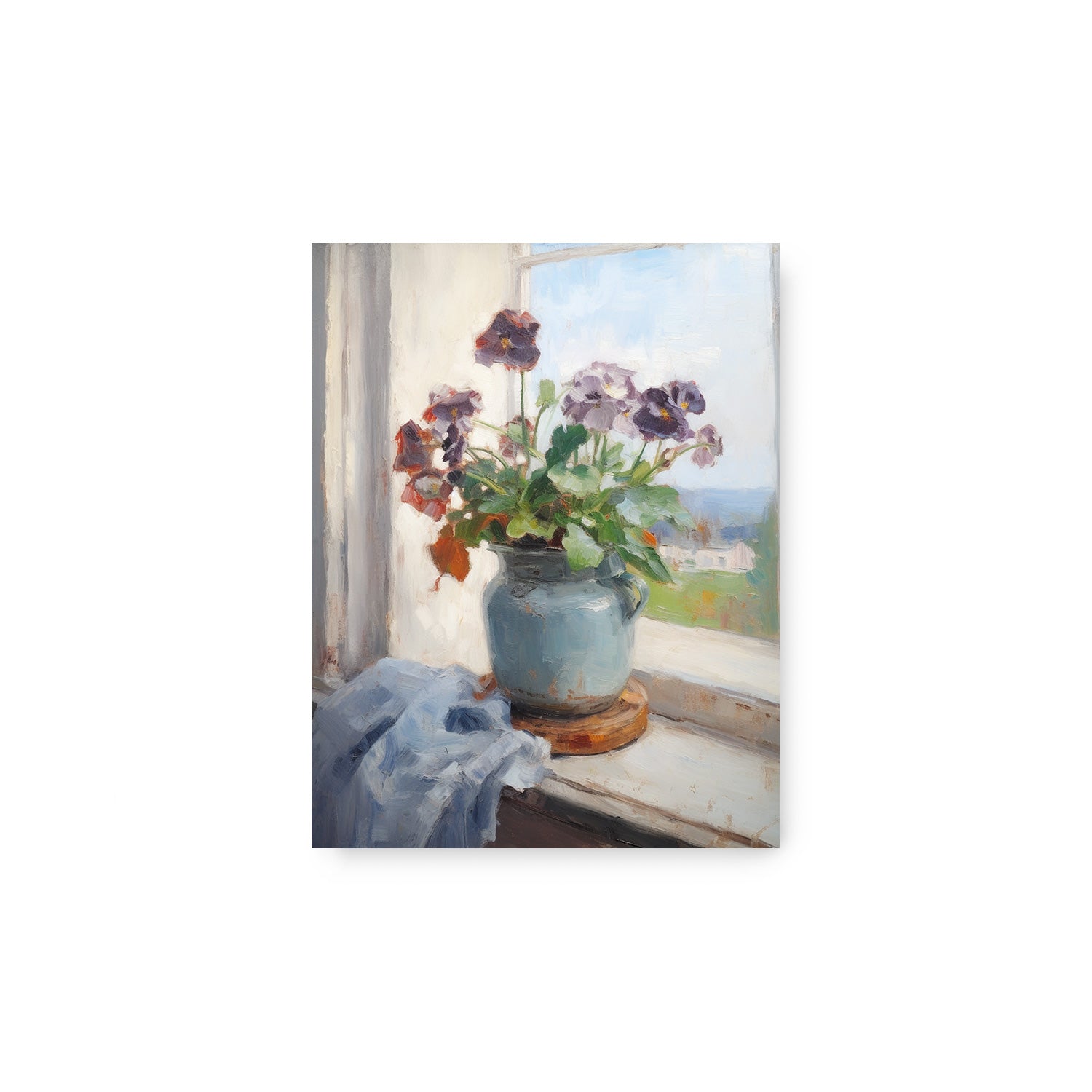 A painting of flowers in a blue vase on a window sill, perfect for wall art Beyond the Window no. 2 in living room or art prints for walls with Stannie & Lloyd art.