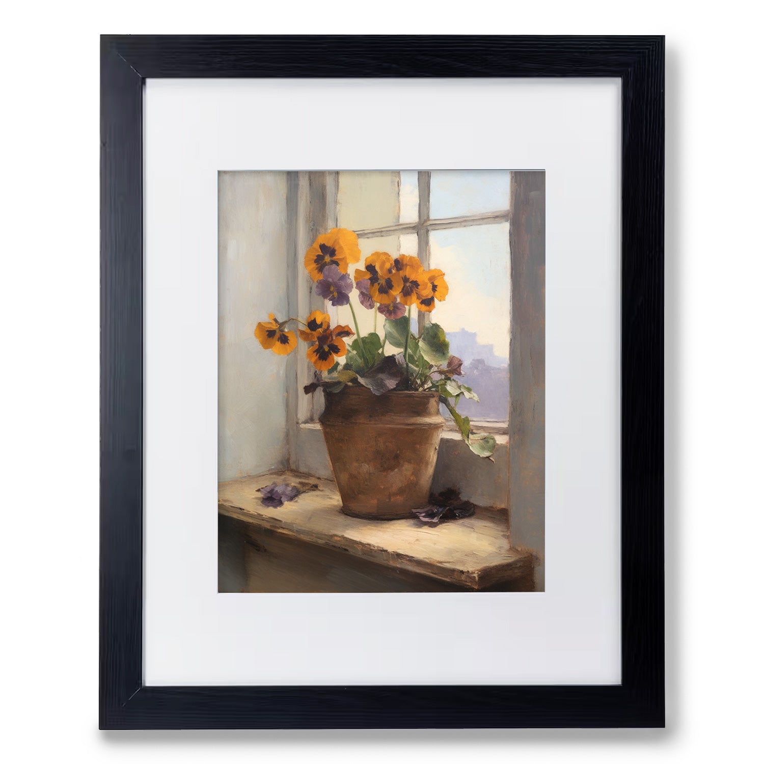 A stunning "Beyond the Window no. 1" wall decor featuring a vibrant painting of pansies in a pot on a window sill by Stannie & Lloyd.