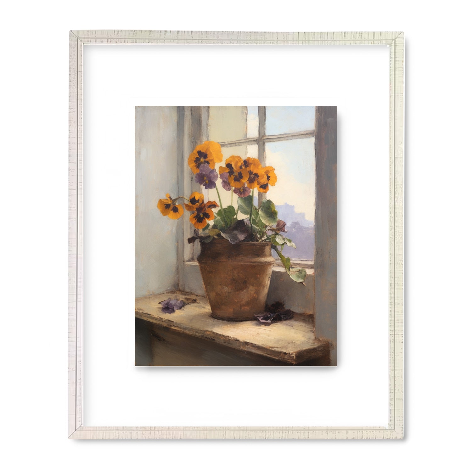 Maximalist wall art for living room - a painting of Beyond the Window no. 1 pansies on a window sill by Stannie & Lloyd.