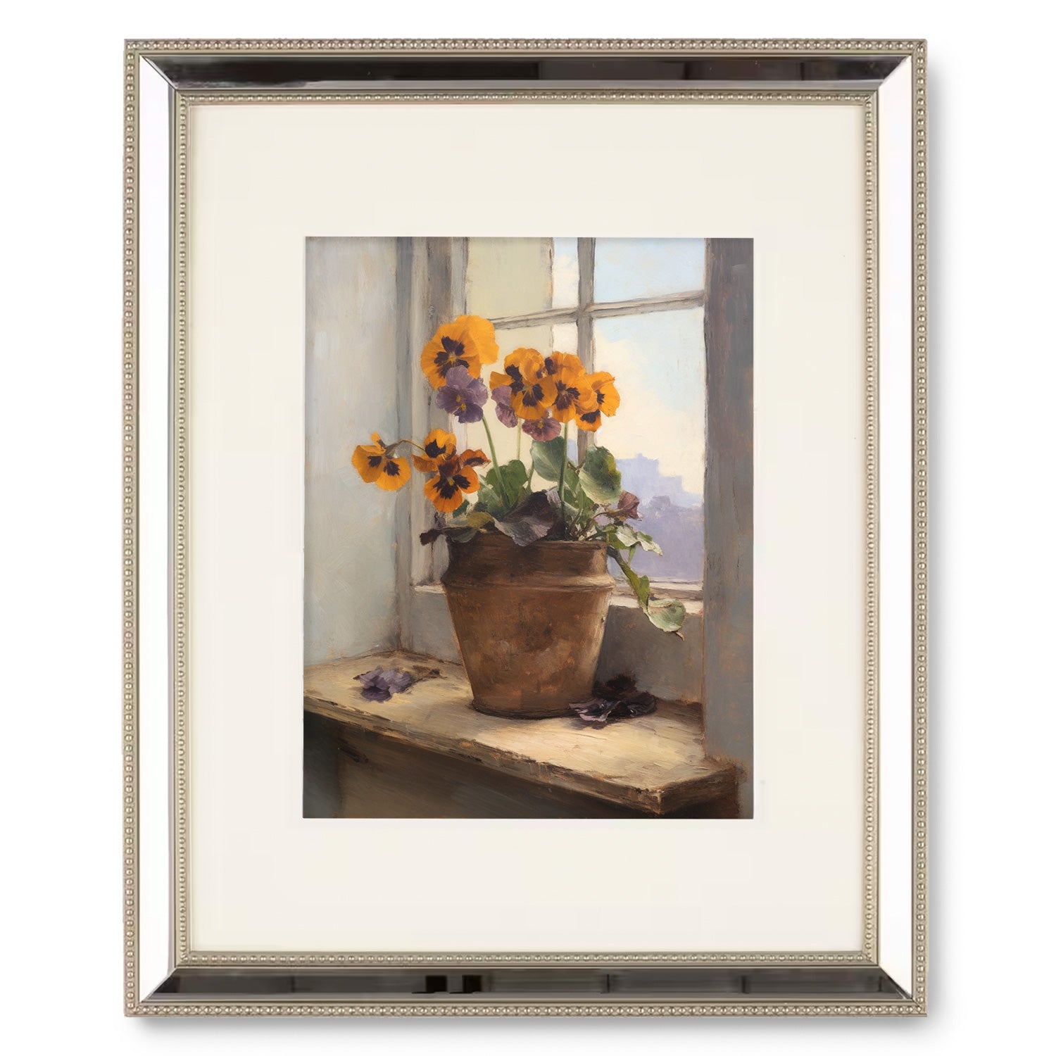 A captivating painting of vibrant pansies in a lovely pot, adorning a window sill. Perfect for art prints and adding charm to walls, particularly in the living room. This is Beyond the Window no. 1 by Stannie & Lloyd.