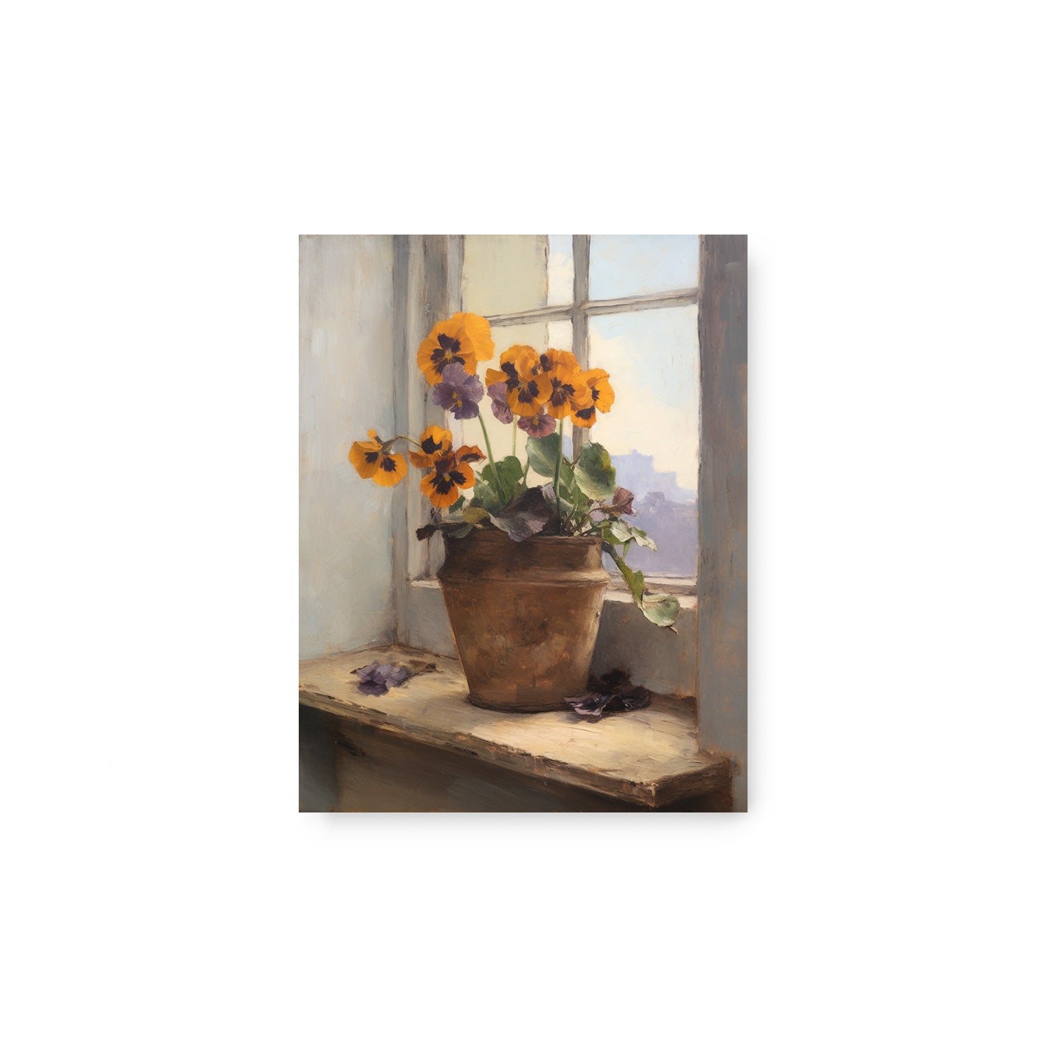 A painting of pansies on a window sill, Beyond the Window no. 1 by Stannie & Lloyd, perfect for art on walls or as art prints.