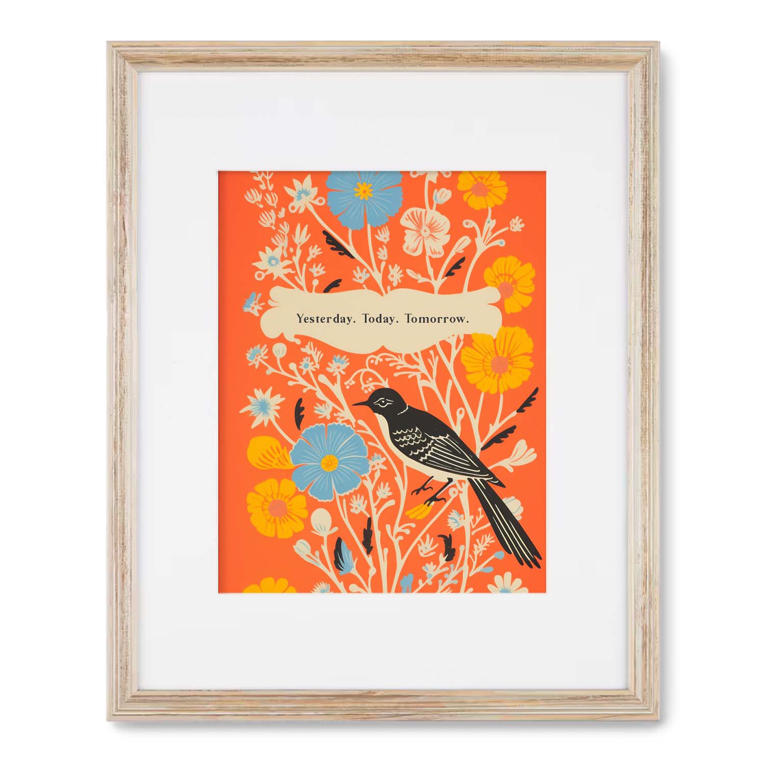 Illustration of a bird among flowers with the text "Yesterday. Today. Tomorrow." framed as a vintage poster on a white wall by Stannie & Lloyd.