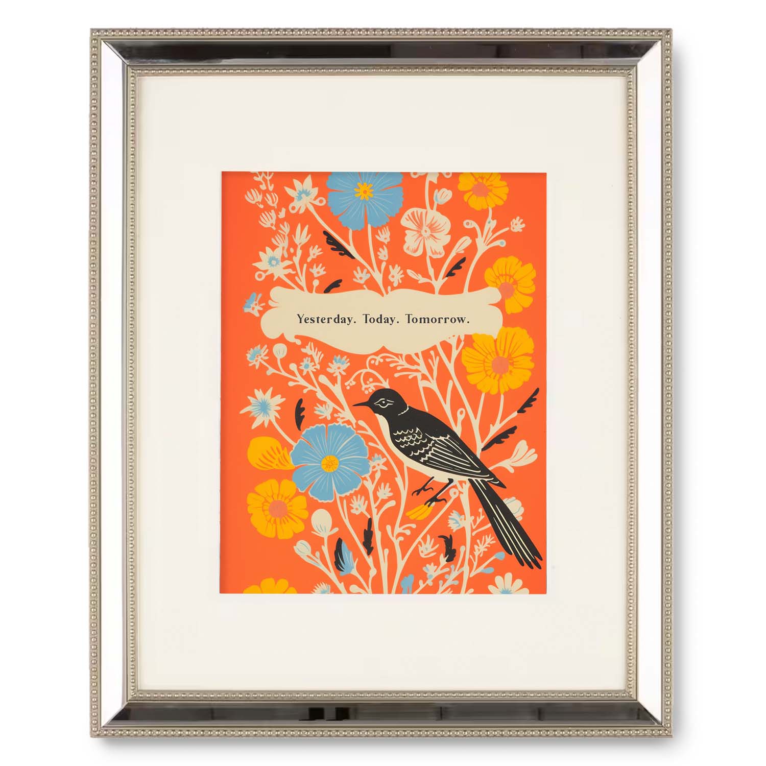 A framed illustration of a bird perched among colorful flowers with the words "Yesterday. Today. Tomorrow." as Stannie & Lloyd vintage wall art.