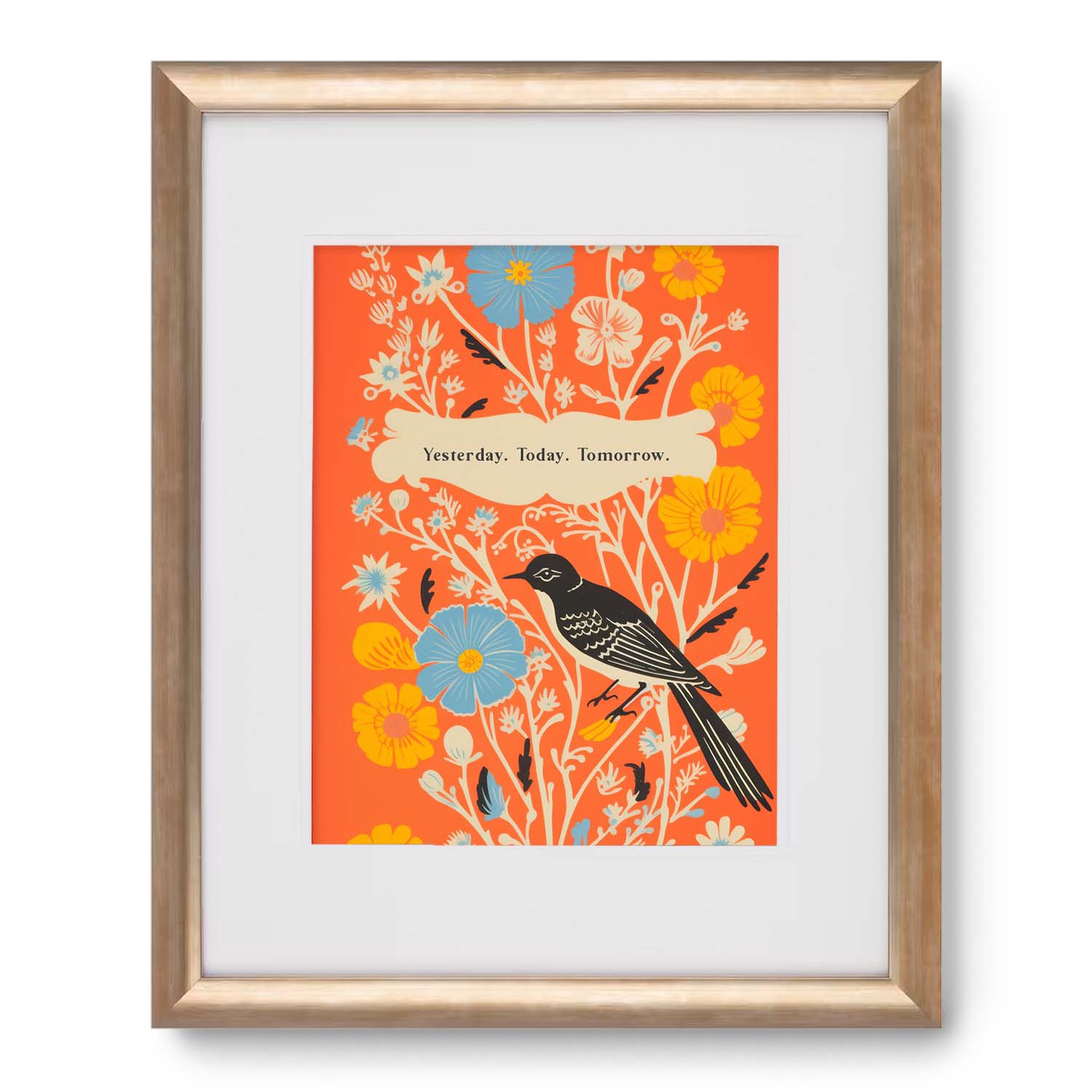 Illustration of a bird among stylized flowers with the words "Yesterday. Today. Tomorrow." displayed in a Stannie & Lloyd poster.