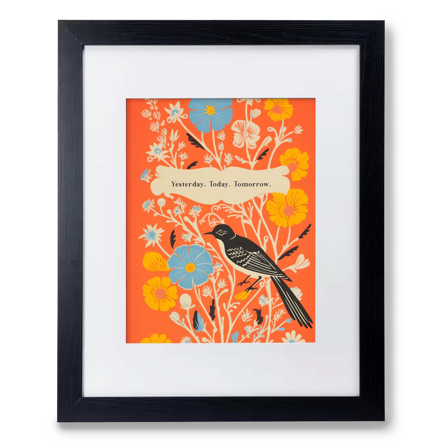 Framed vintage poster featuring a bird with floral motifs and the text "Yesterday. Today. Tomorrow." by Stannie & Lloyd.