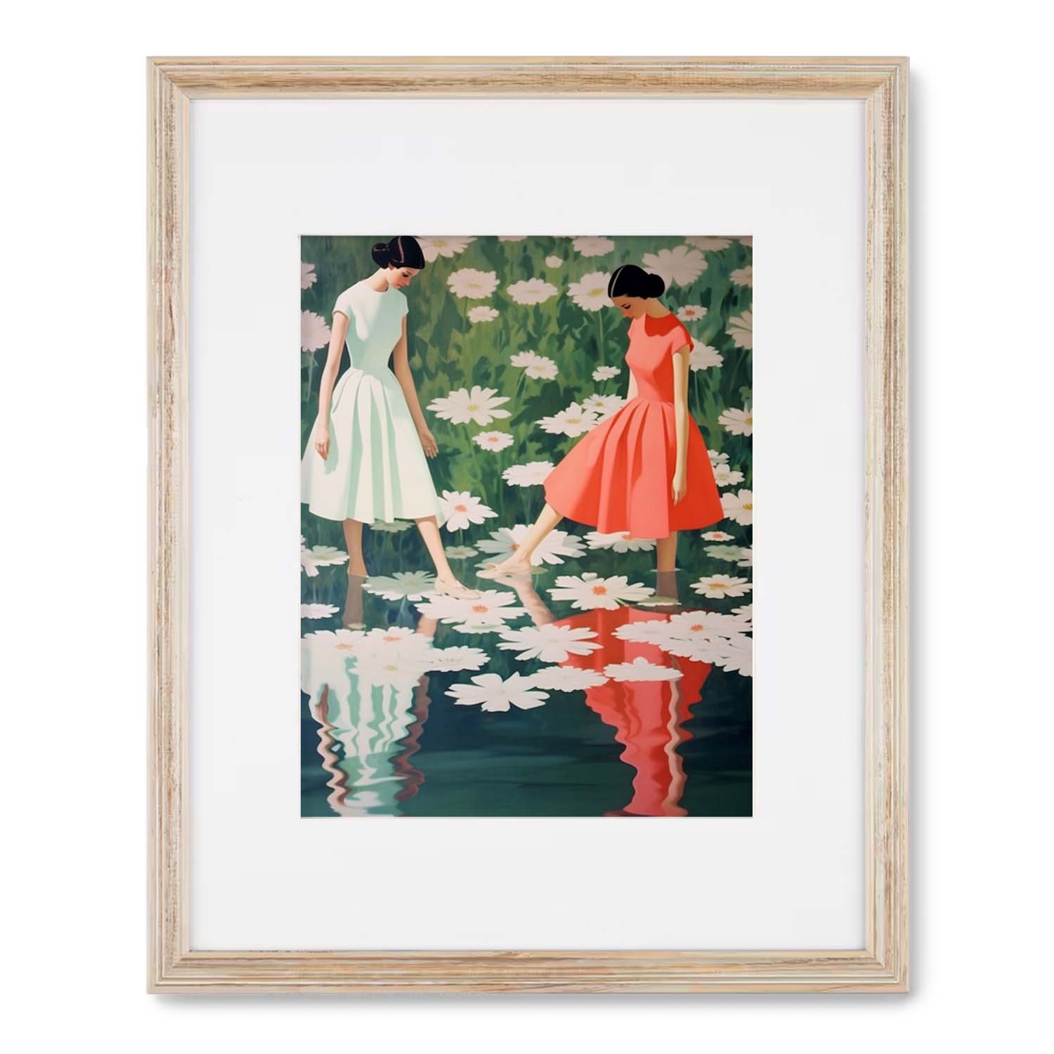 Two women standing in a Dance of the Waterlilies pond with lily pads, made by Stannie & Lloyd.