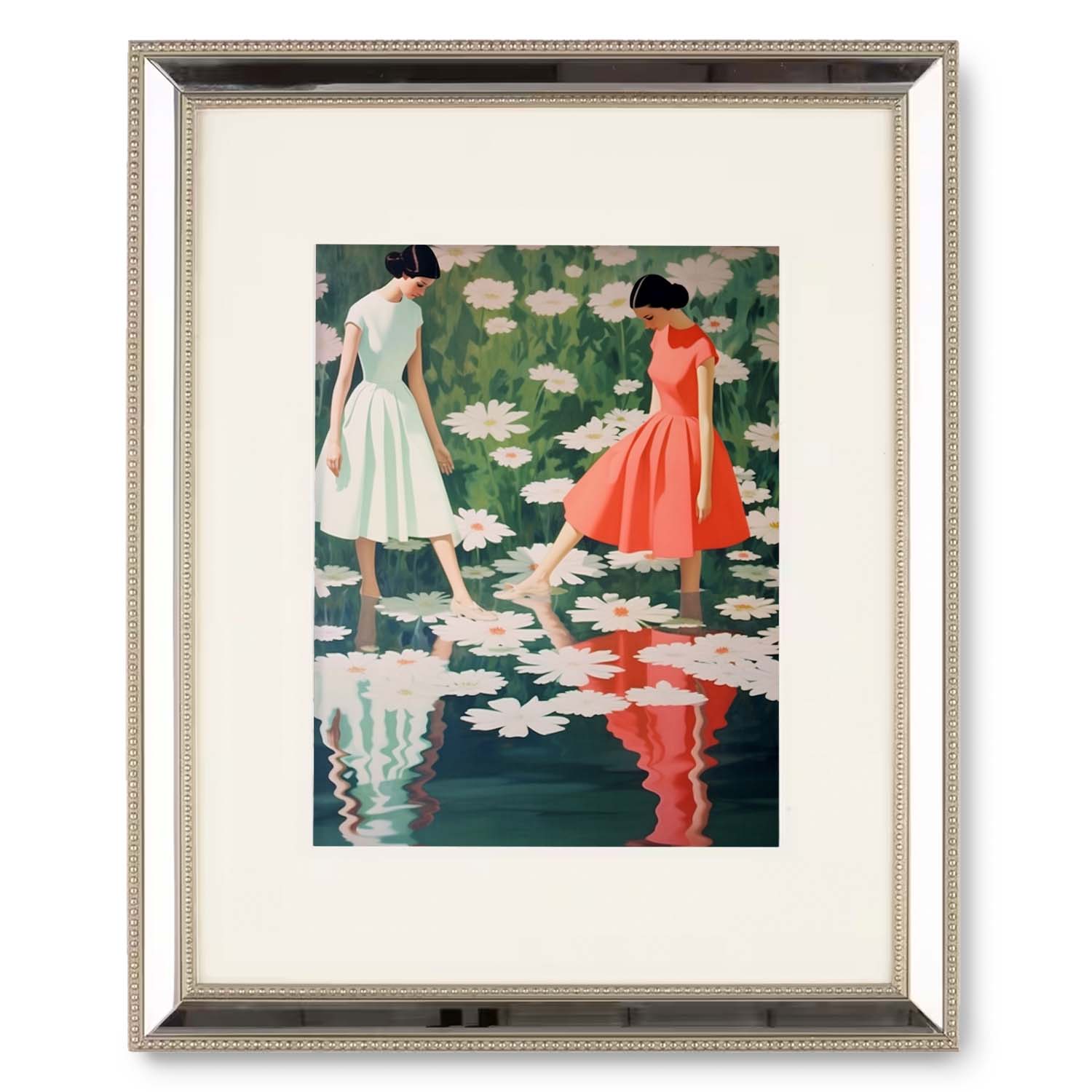 A framed painting of Dance of the Waterlilies by Stannie & Lloyd, with two women standing in a pond.