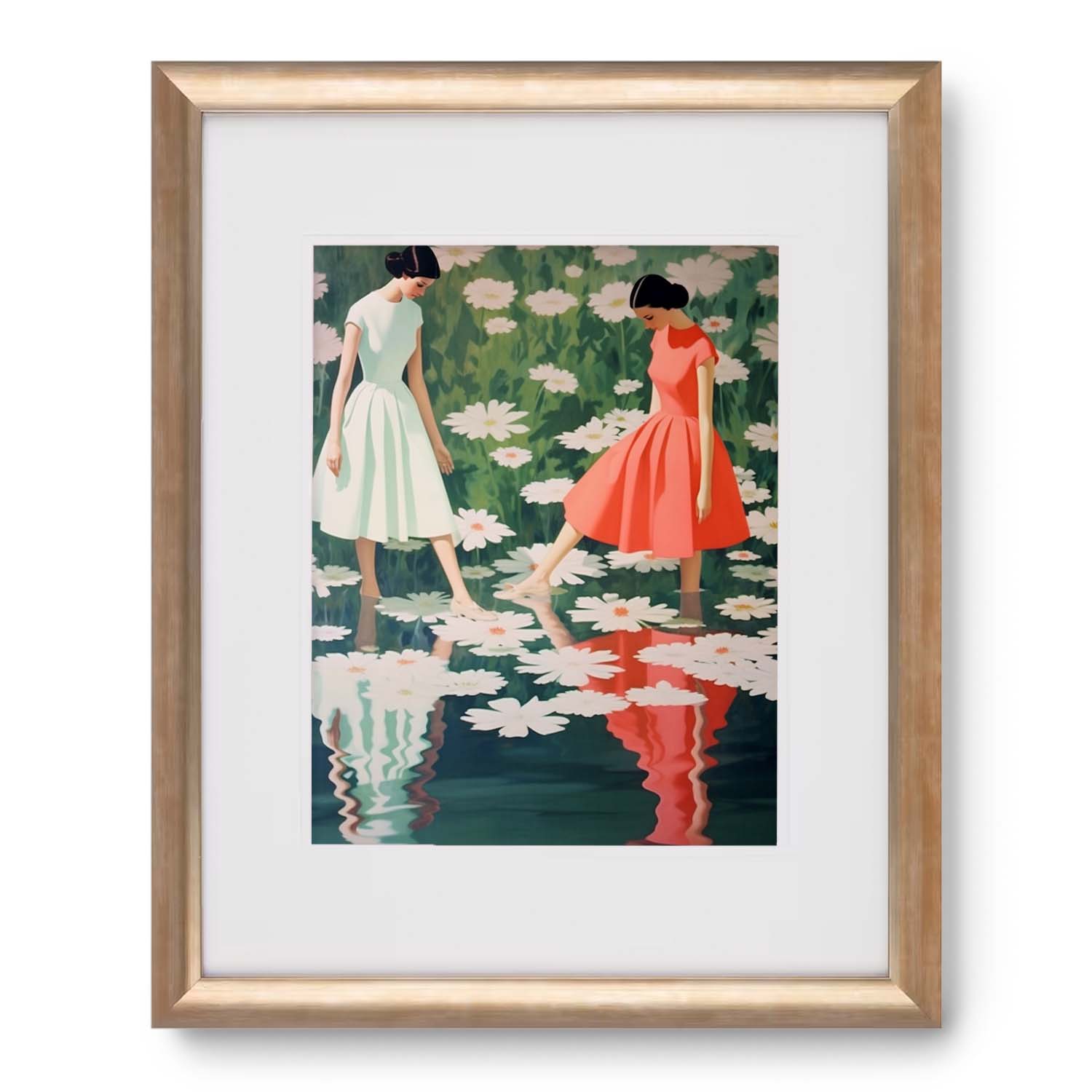 Two women standing in a pond surrounded by Dance of the Waterlilies, a product by Stannie & Lloyd.