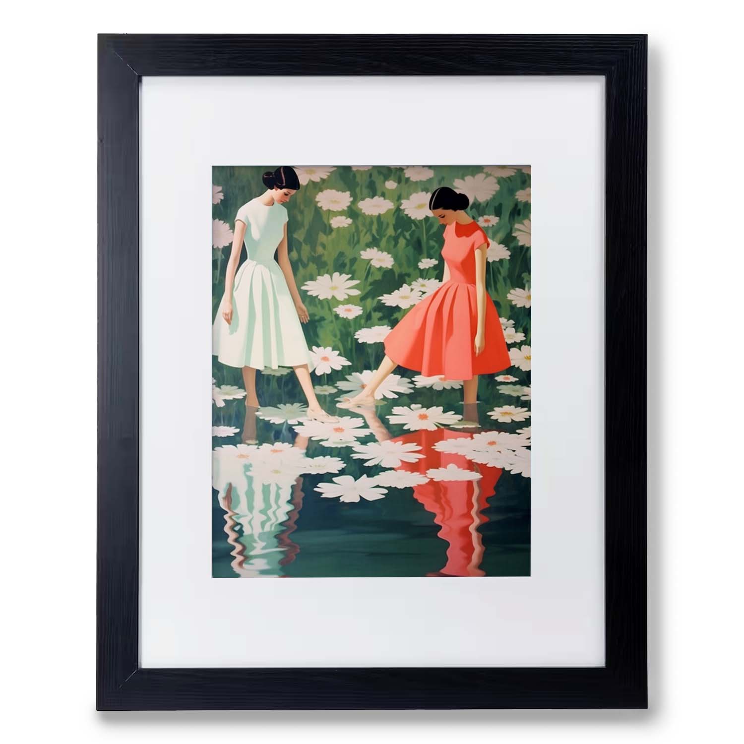 A Dance of the Waterlilies print of two women standing in a pond, elegantly displayed in a Stannie & Lloyd wood frame.