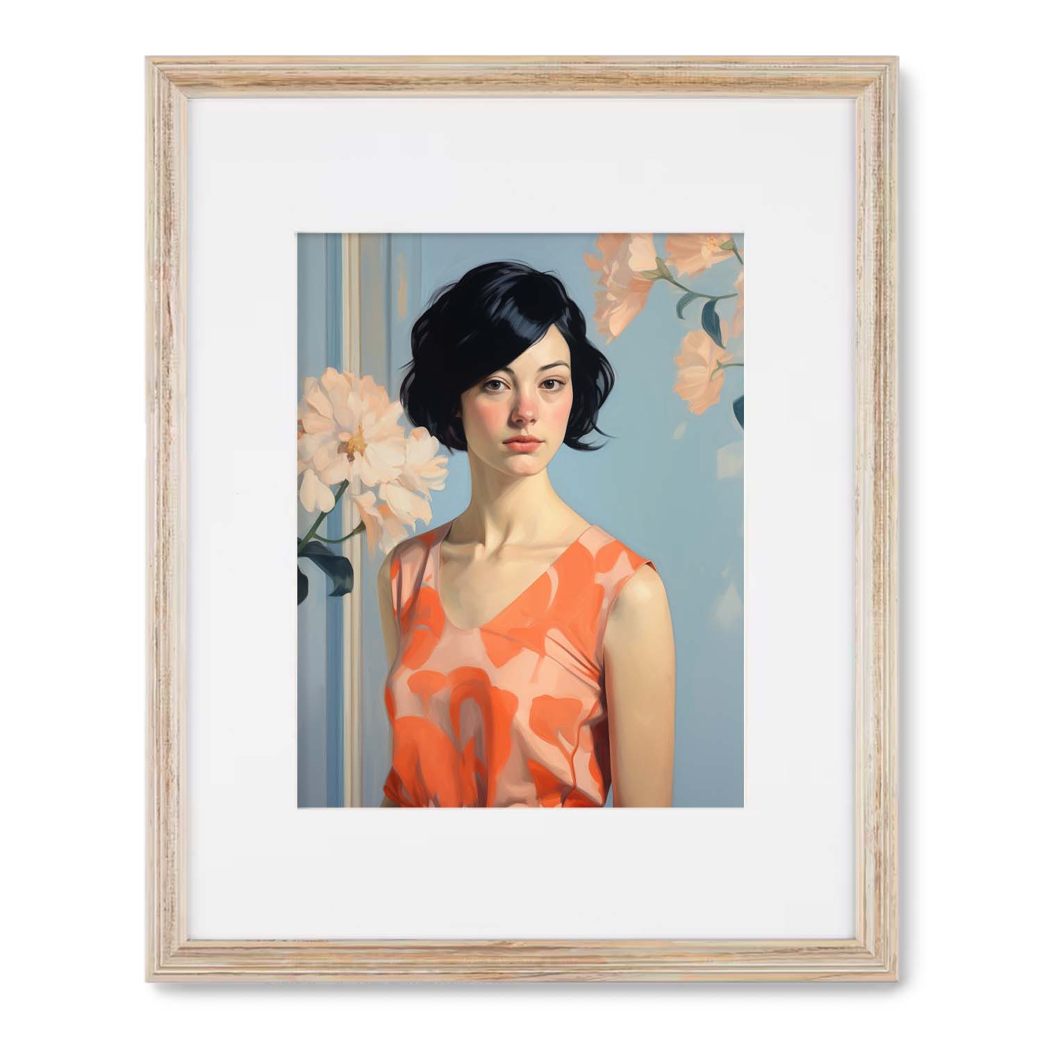 A portrait of a woman in the Blue Wall & Orange Dress, displayed in a Stannie & Lloyd glass frame.