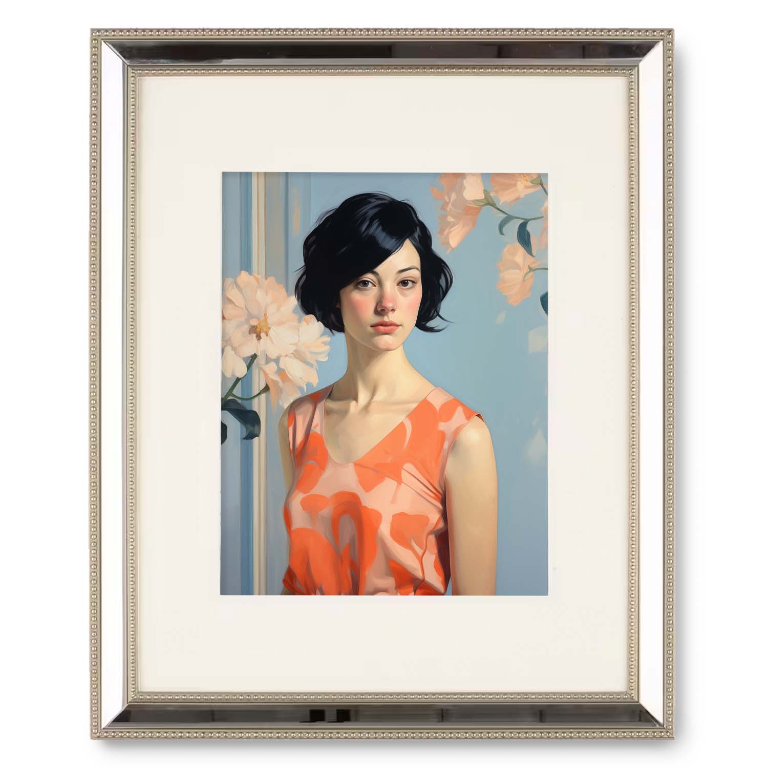 A print of a Blue Wall & Orange Dress framed in glass by Stannie & Lloyd.