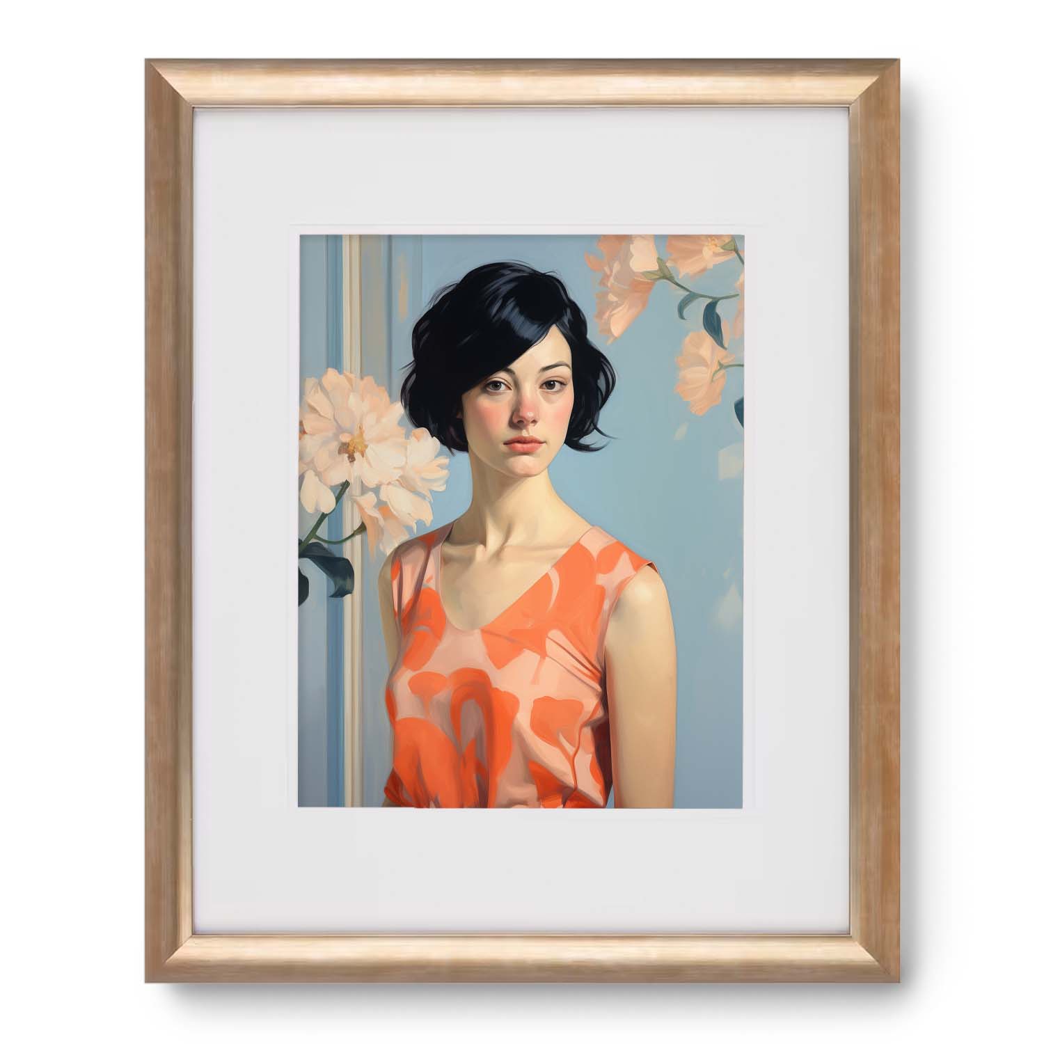 A framed print of a Blue Wall & Orange Dress by Stannie & Lloyd, protected by glass.