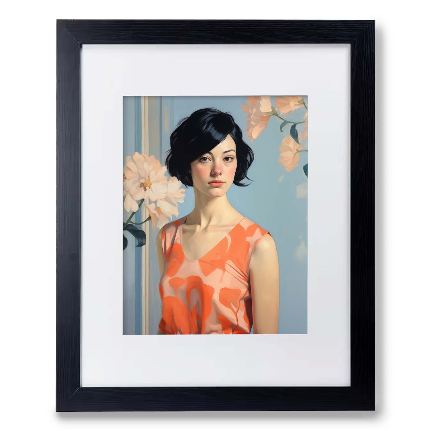 A Blue Wall & Orange Dress framed print of a woman in an orange dress by Stannie & Lloyd.