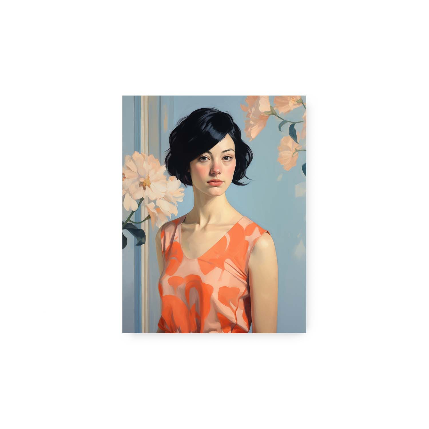 A Blue Wall & Orange Dress-framed print of a woman in an orange dress by Stannie & Lloyd.