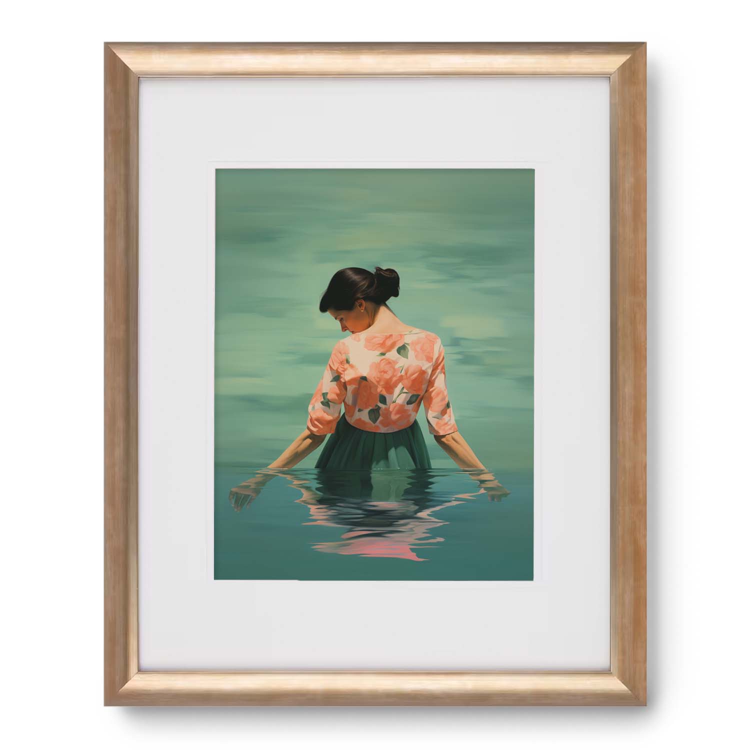 A vintage wall art of a woman wading in water, reflected on the surface by Stannie & Lloyd's Float.