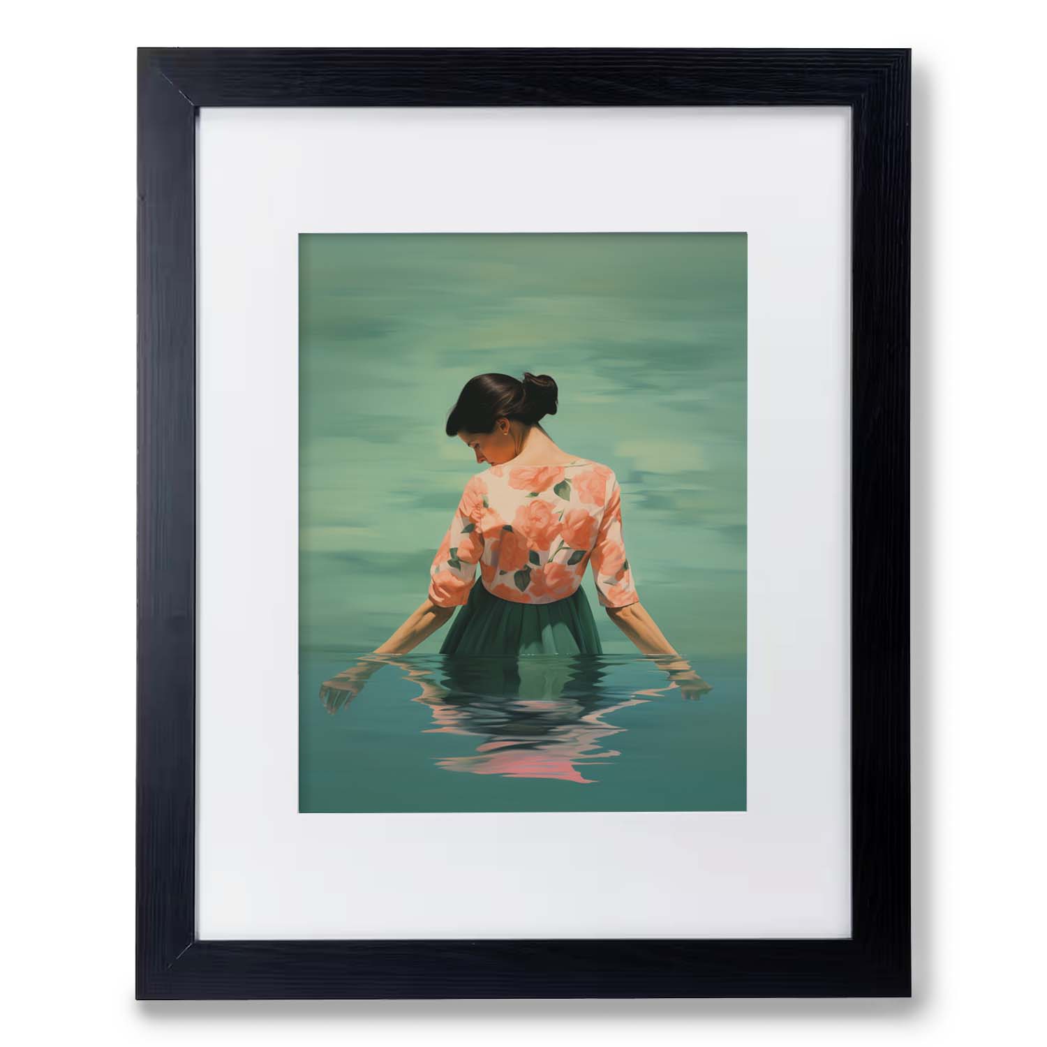 A framed Stannie & Lloyd vintage poster of a woman standing in water with her back turned, reflecting on the surface.